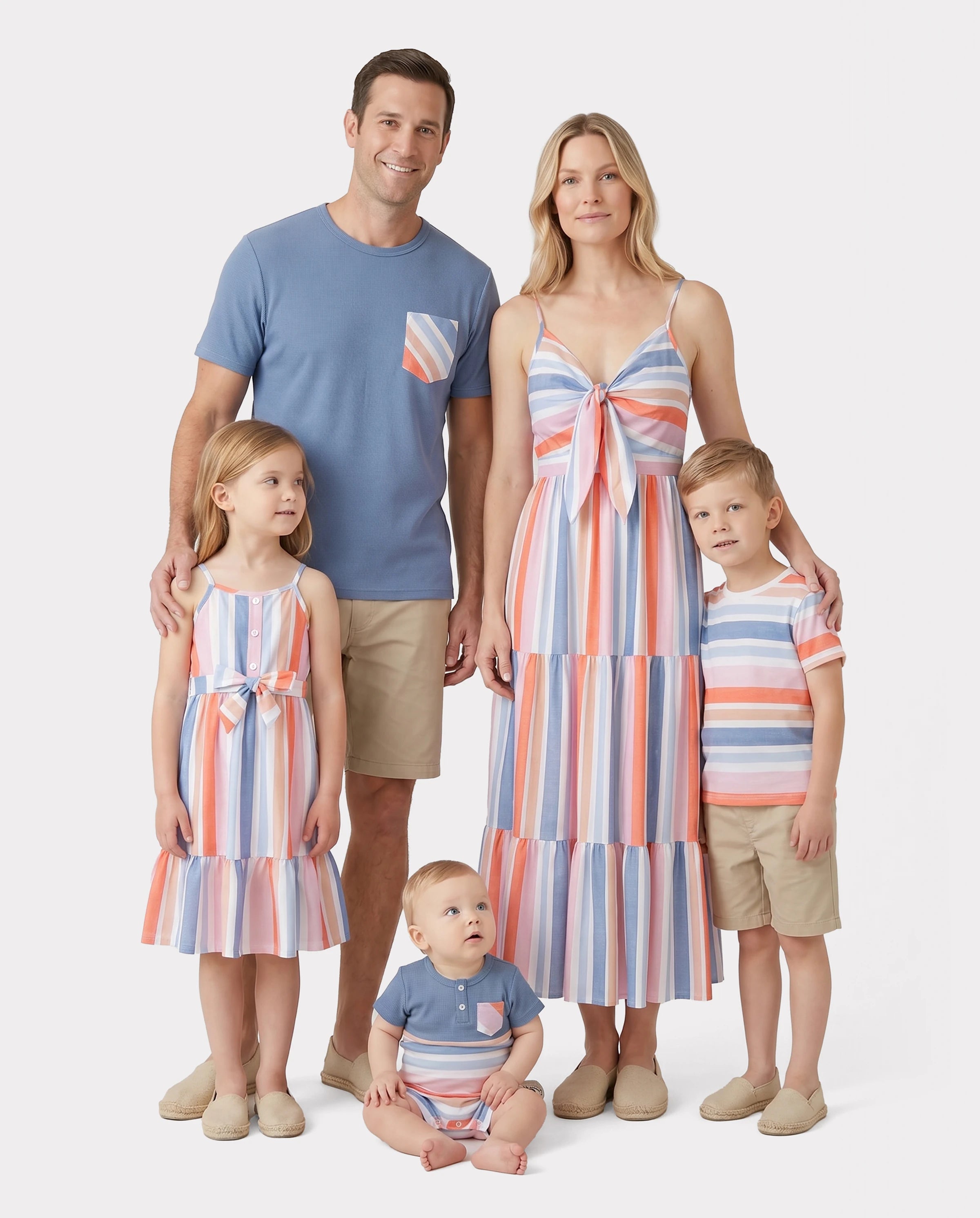 Family Matching Blue Short-sleeve Tee or Colorful Stripe Camisole Dress Multi-color