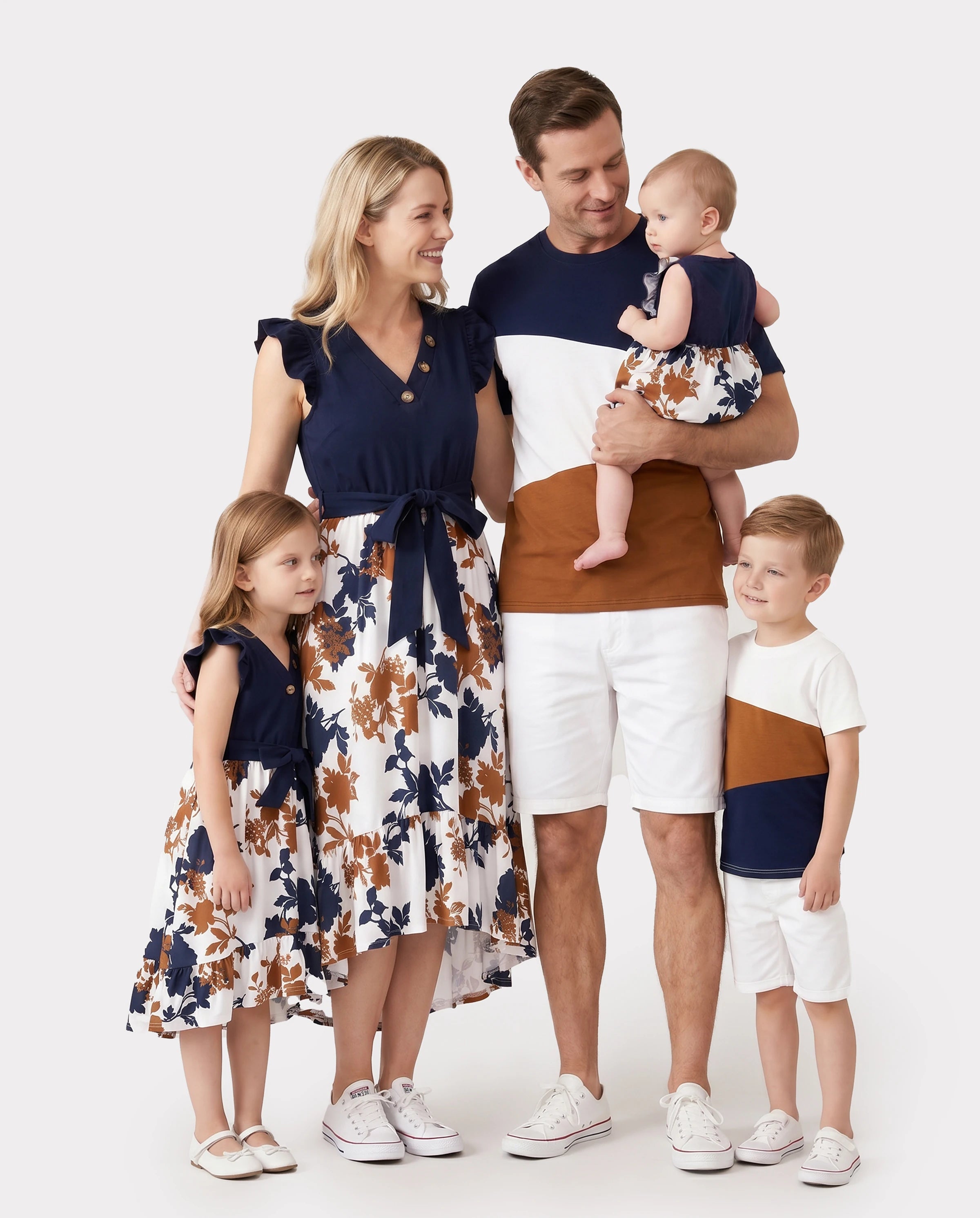 Family Matching Casual Dress or T-Shirt, Solid Color, Fabric Stitching royalblue