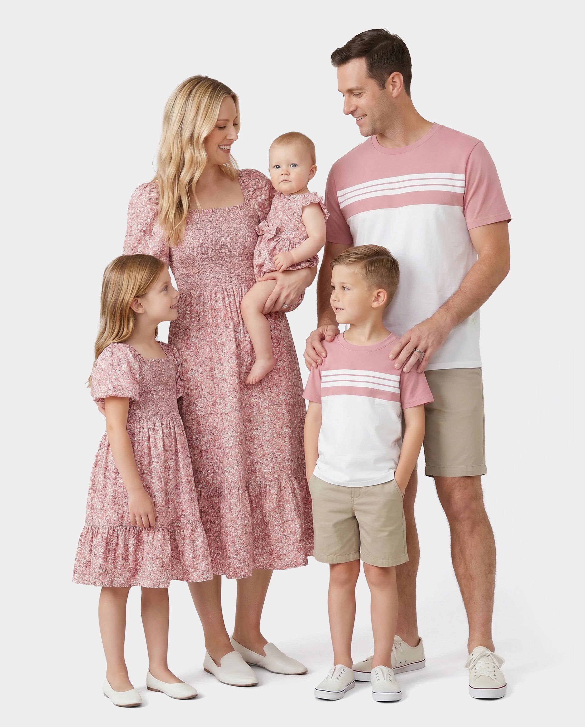 Family Matching Blue Cotton Colorblock Tee Shirt or Floral Print Smocking Puff-sleeve Dress Set  Pink