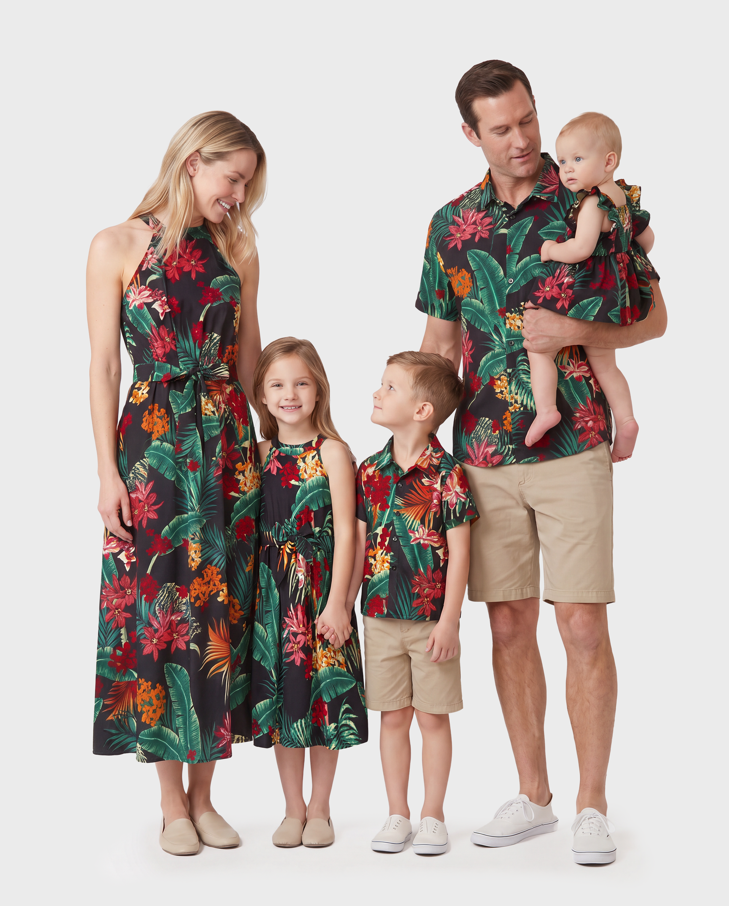 Family Matching Allover Plant Floral Print Halterneck Dresses and Short-sleeve Shirts Sets Black