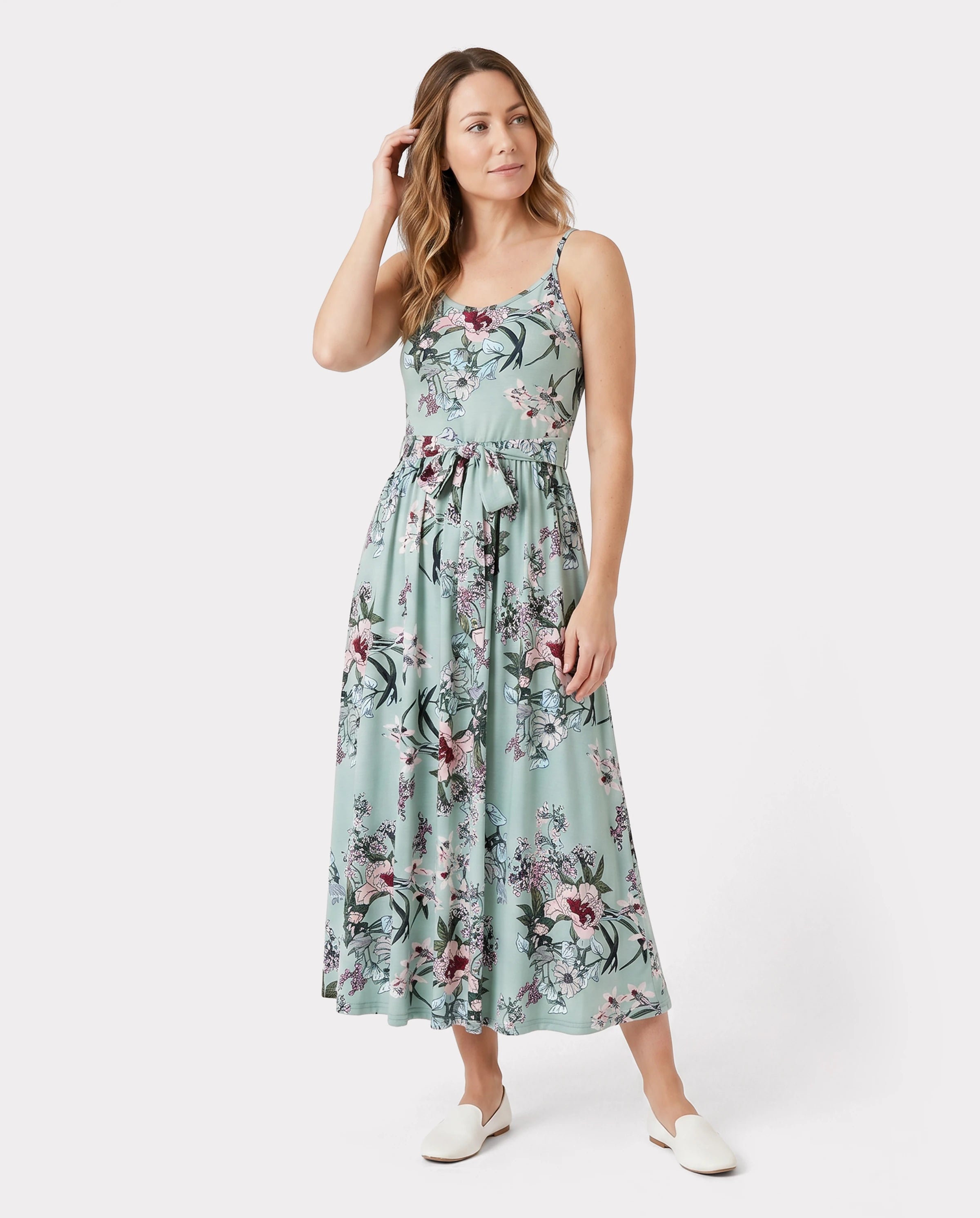 Family Matching Sets Green Striped Polo Shirt or Flora Print Strap Belted Dress Light Green