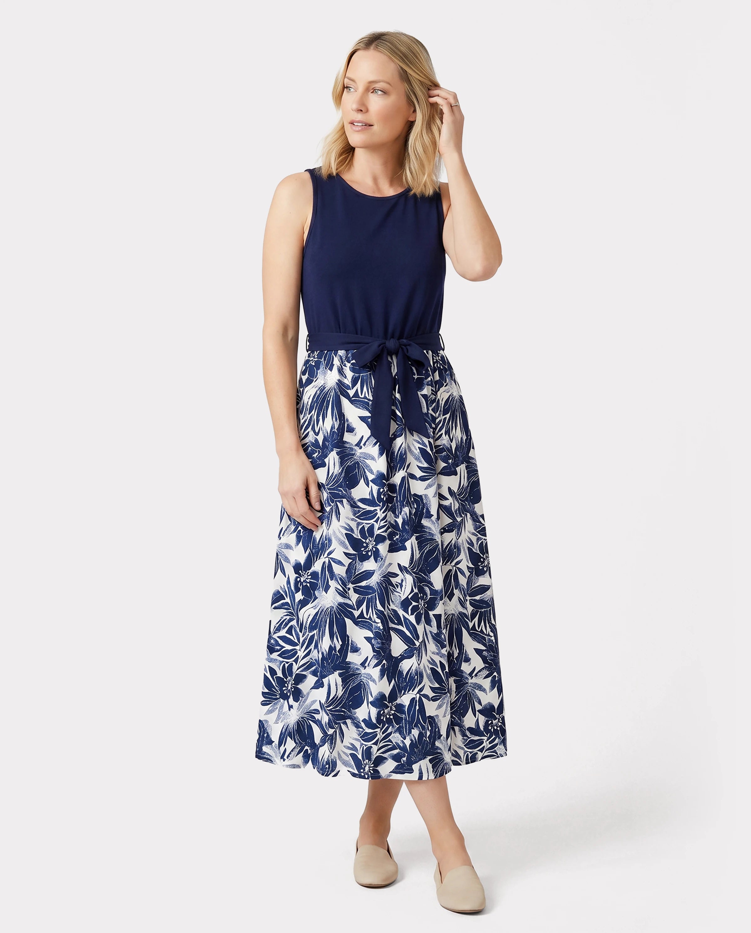 Family Matching Cotton Tee Flora Print Splicing Shirt or Tank Dress Deep Blue
