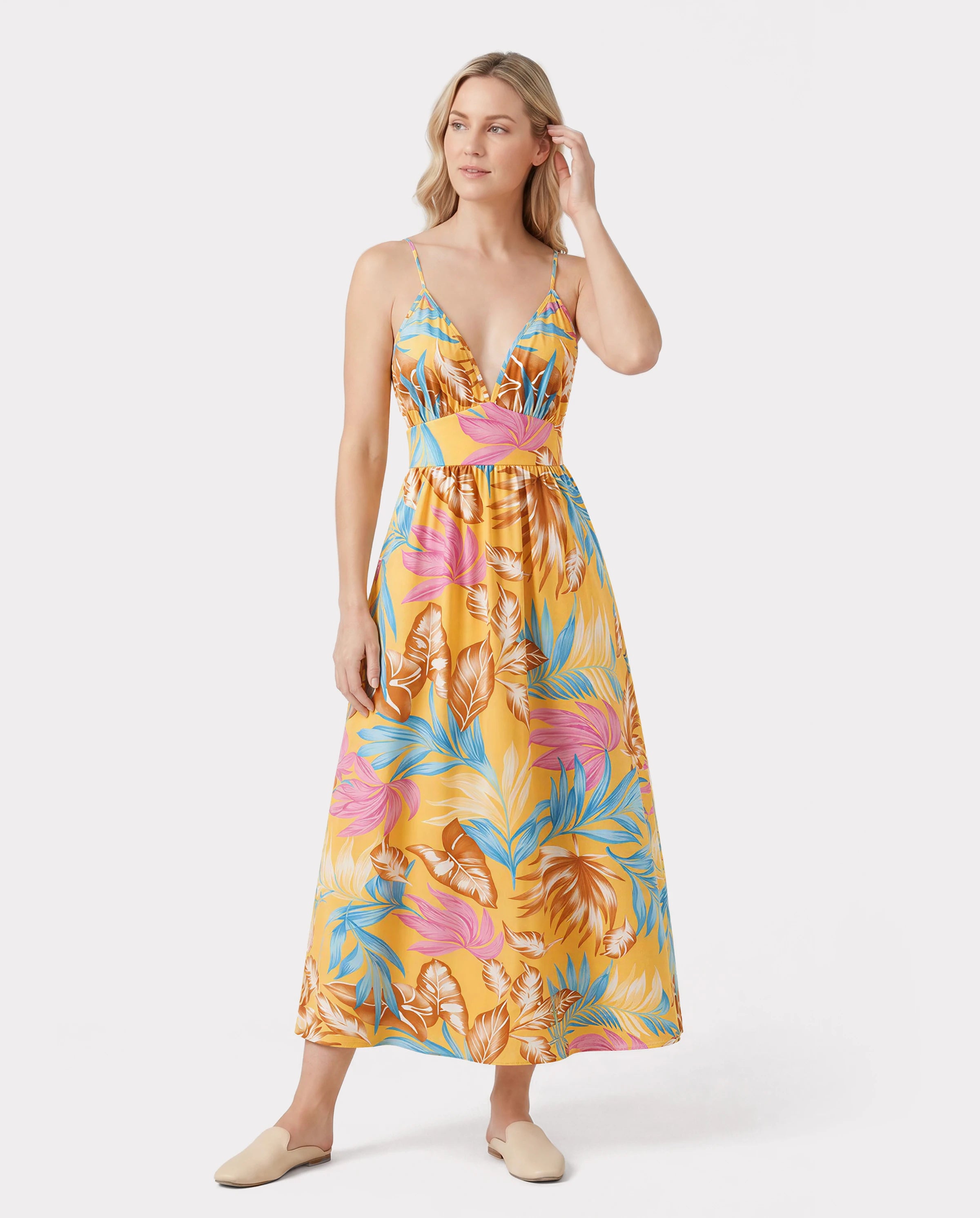 Family Matching Yellow Set Tropical Leaf Print Short-sleeve Shirt or Strap Dress Yellow