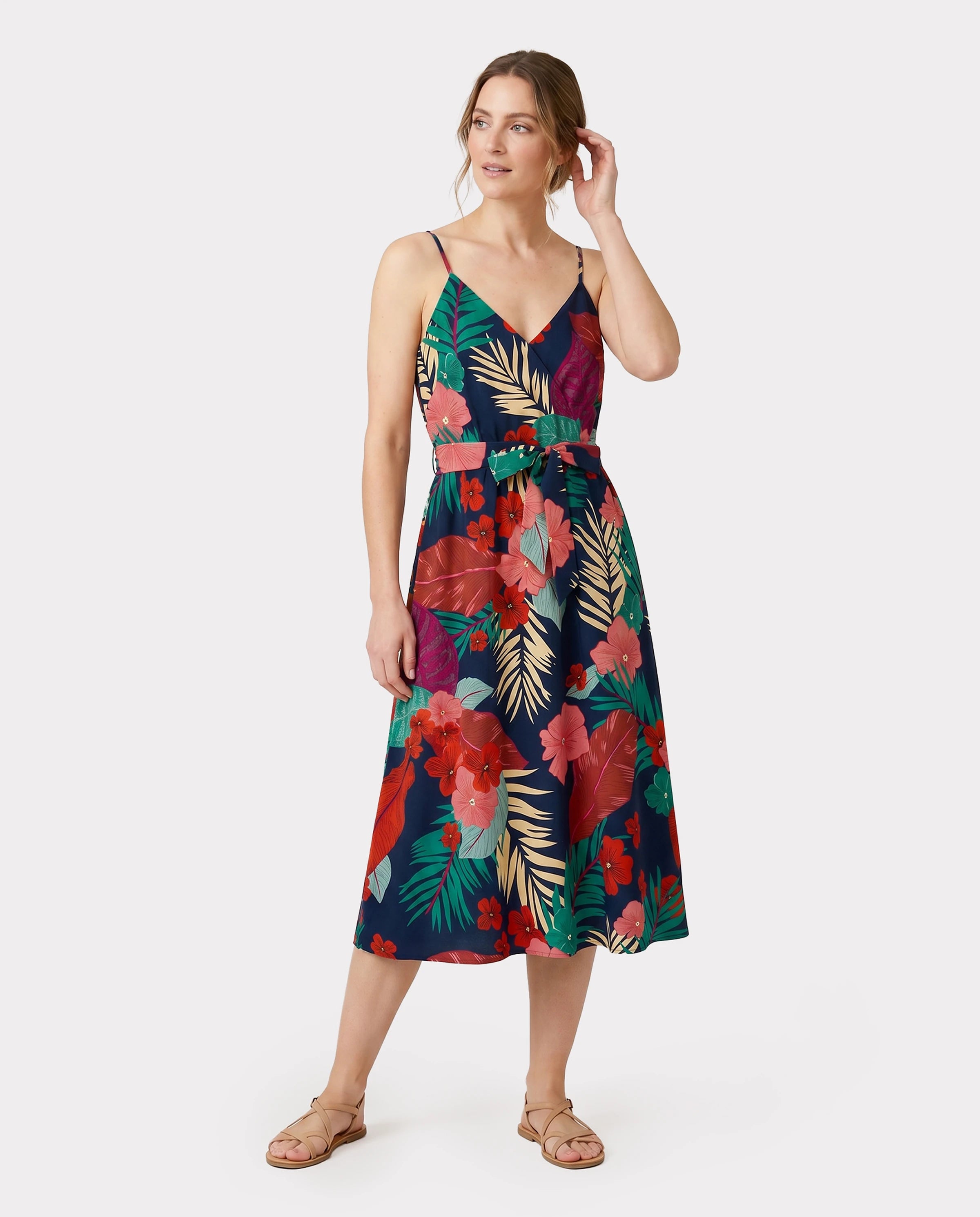 Family Matching Sets Floral Panel Black tee and V-neck Strap Dress with Hidden Snap Deep Blue