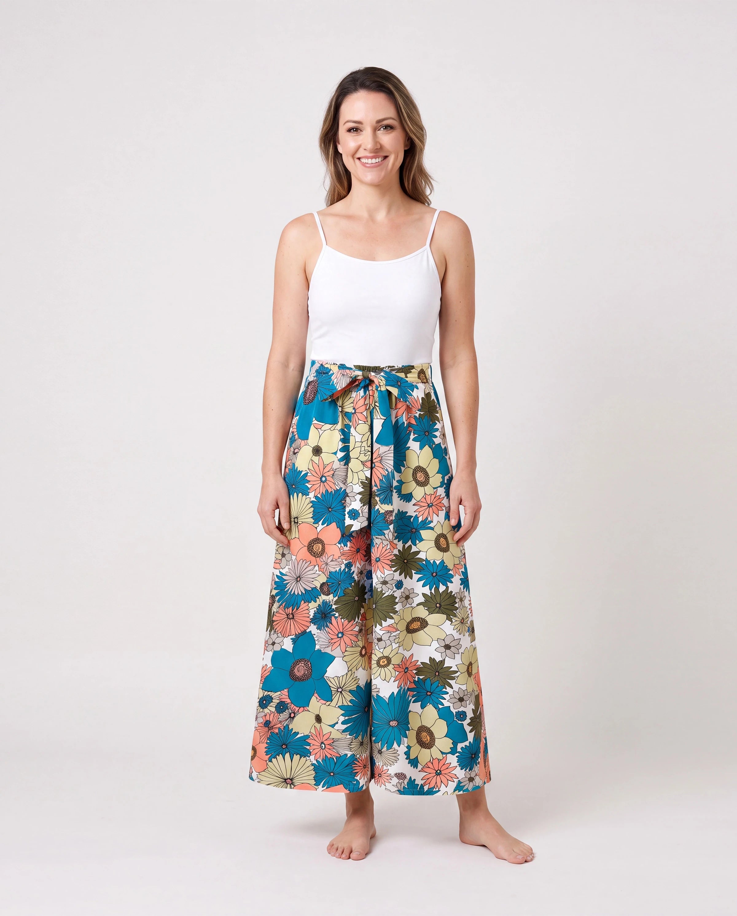 Family Matching Set Sun Flower Print Short-sleeve Collar Shirt or White Camisole Top and Flower Wide-leg Pants Set for Summer Vacation  Multi-color