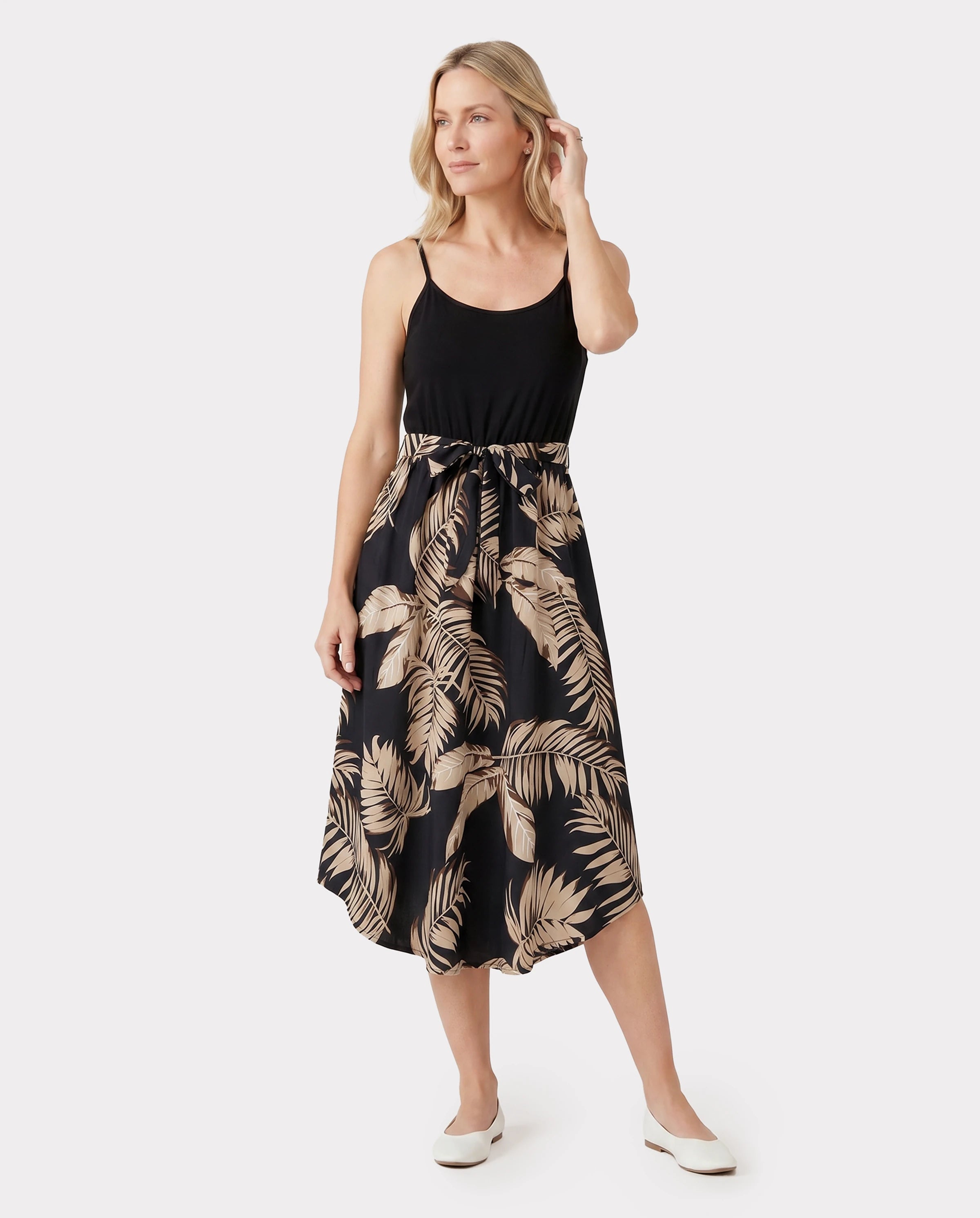 Family Matching Floral Print Belted Cami Dresses And Solid Short Sleeve Tops Sets Black