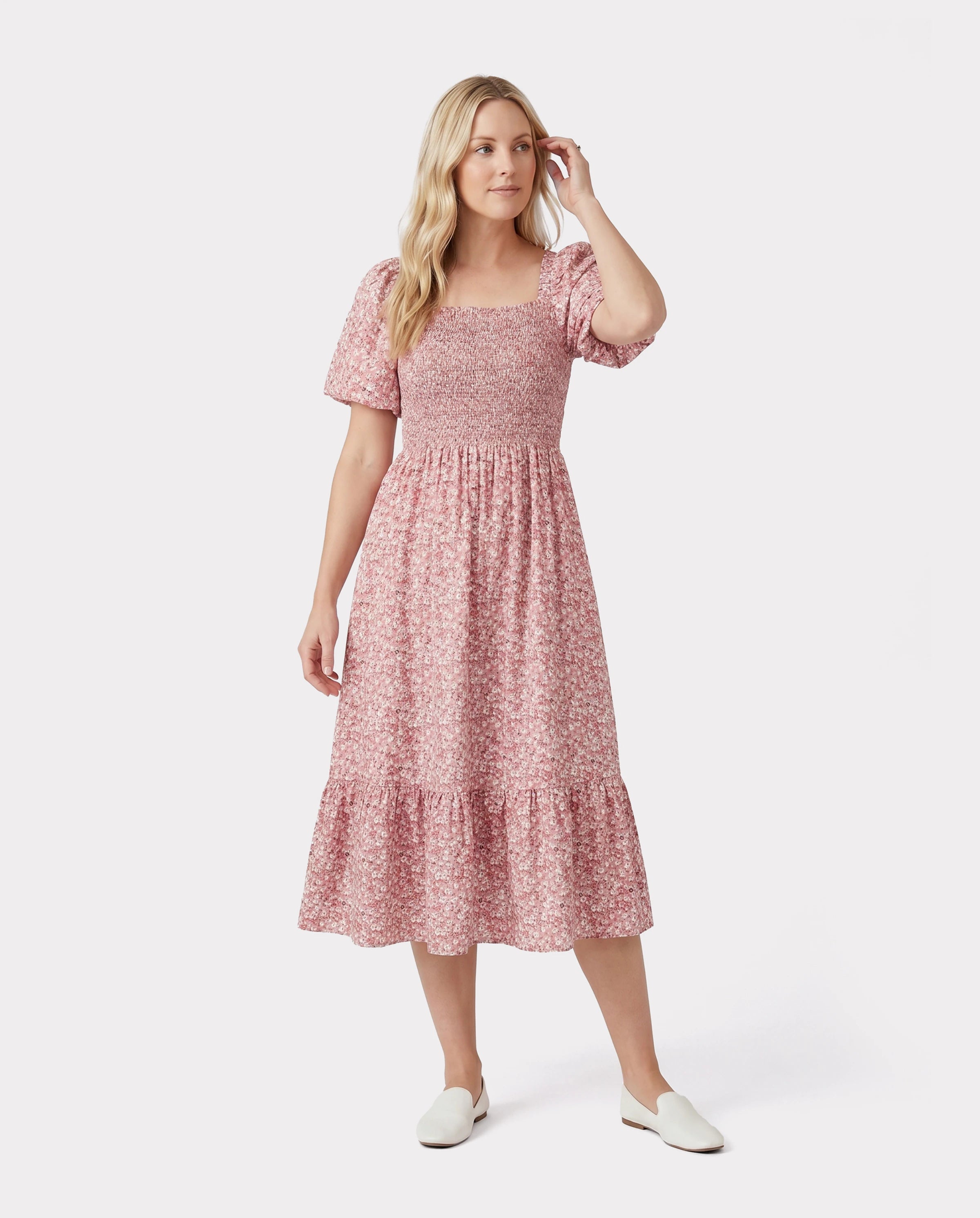 Family Matching Blue Cotton Colorblock Tee Shirt or Floral Print Smocking Puff-sleeve Dress Set  Pink