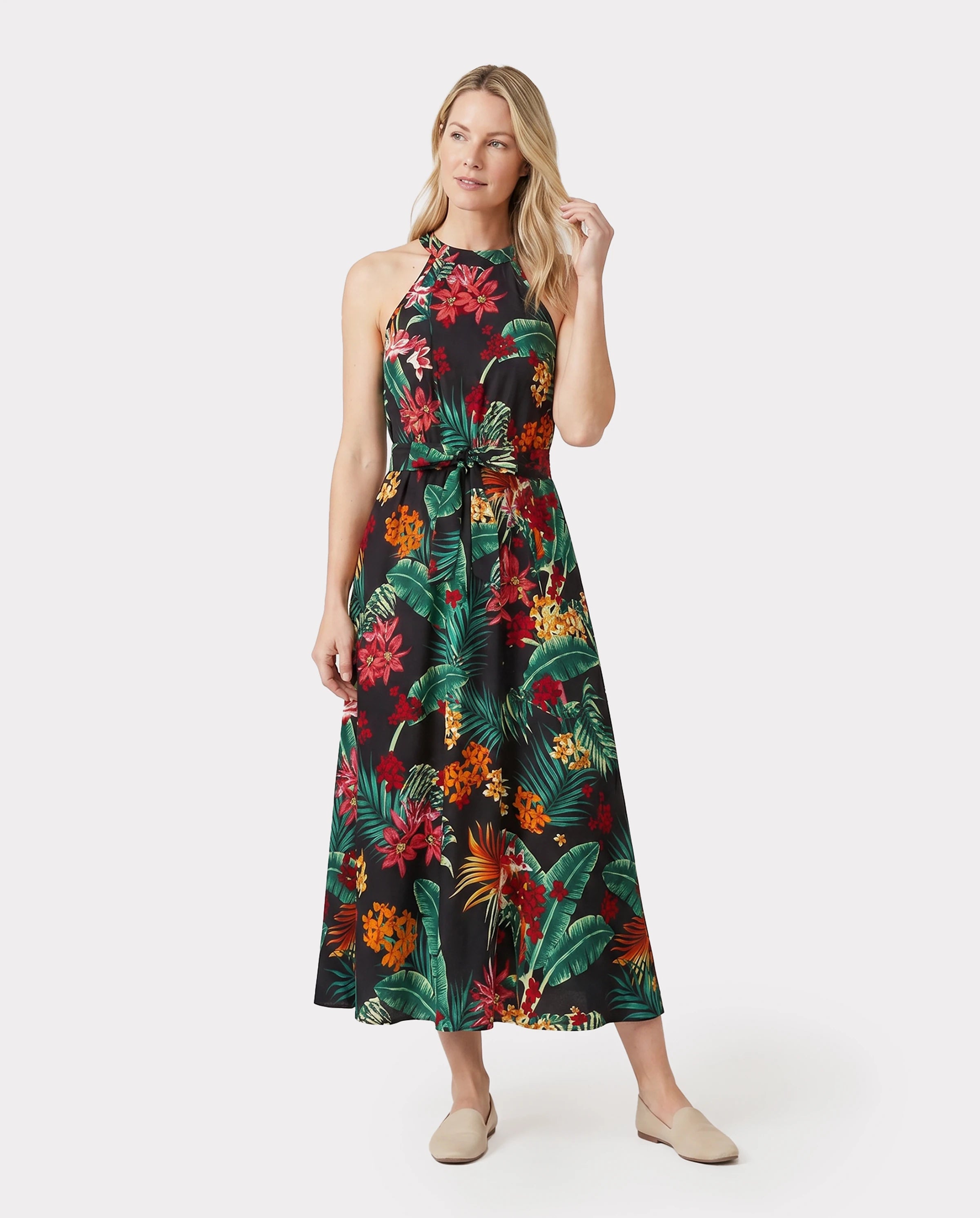 Family Matching Allover Plant Floral Print Halterneck Dresses and Short-sleeve Shirts Sets Black