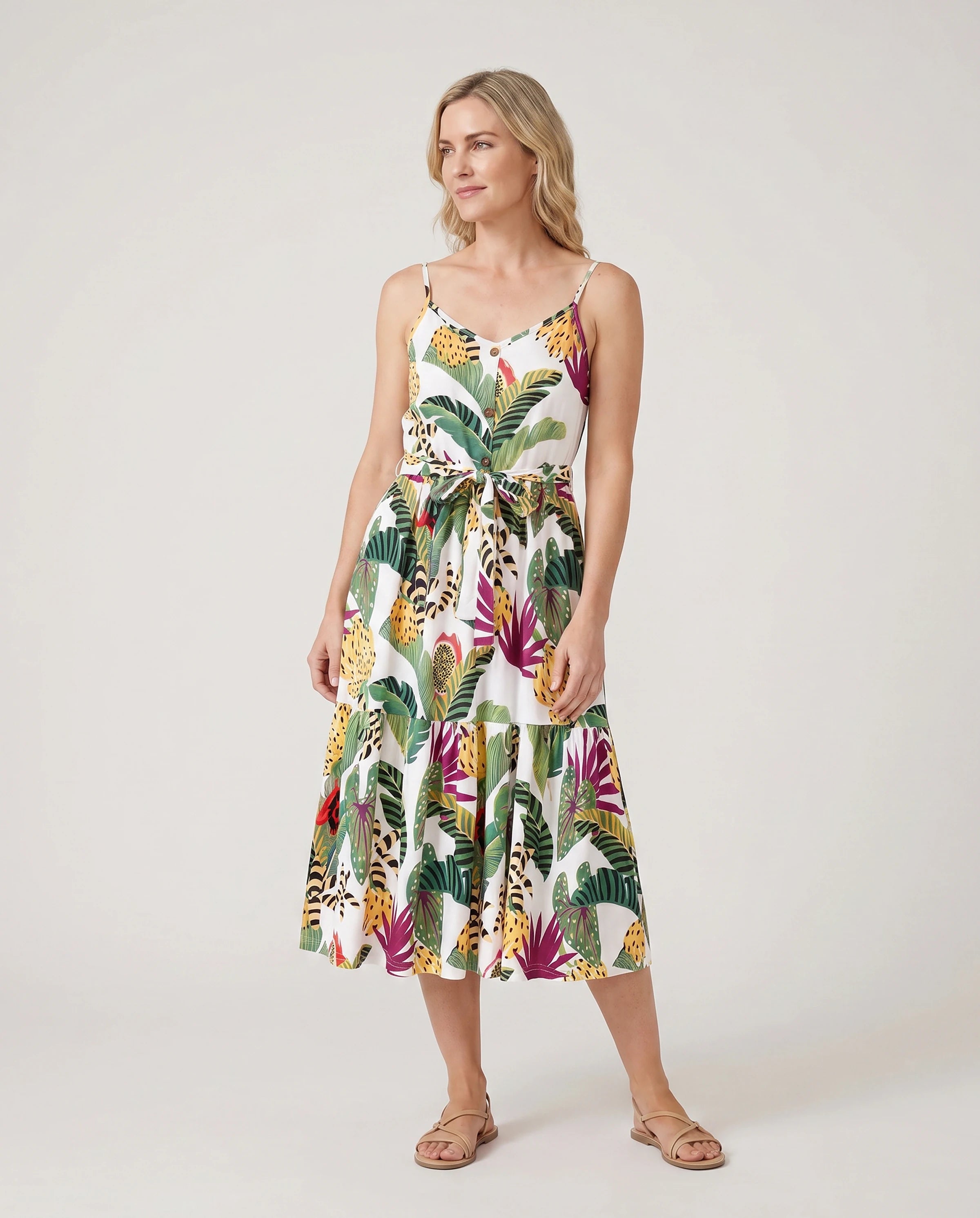 Family Matching Tropical Floral Print Short-sleeve Top or Camisole Dress Set Multi-color