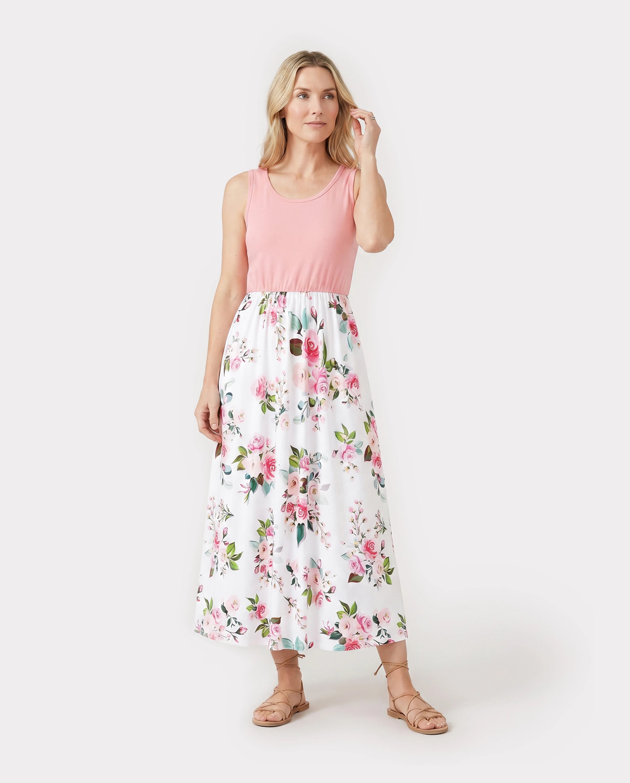 Family Matching Pink Sleeveless Splicing Floral Print Midi Dresses and Colorblock Short-sleeve Polo Shirts Sets Pink