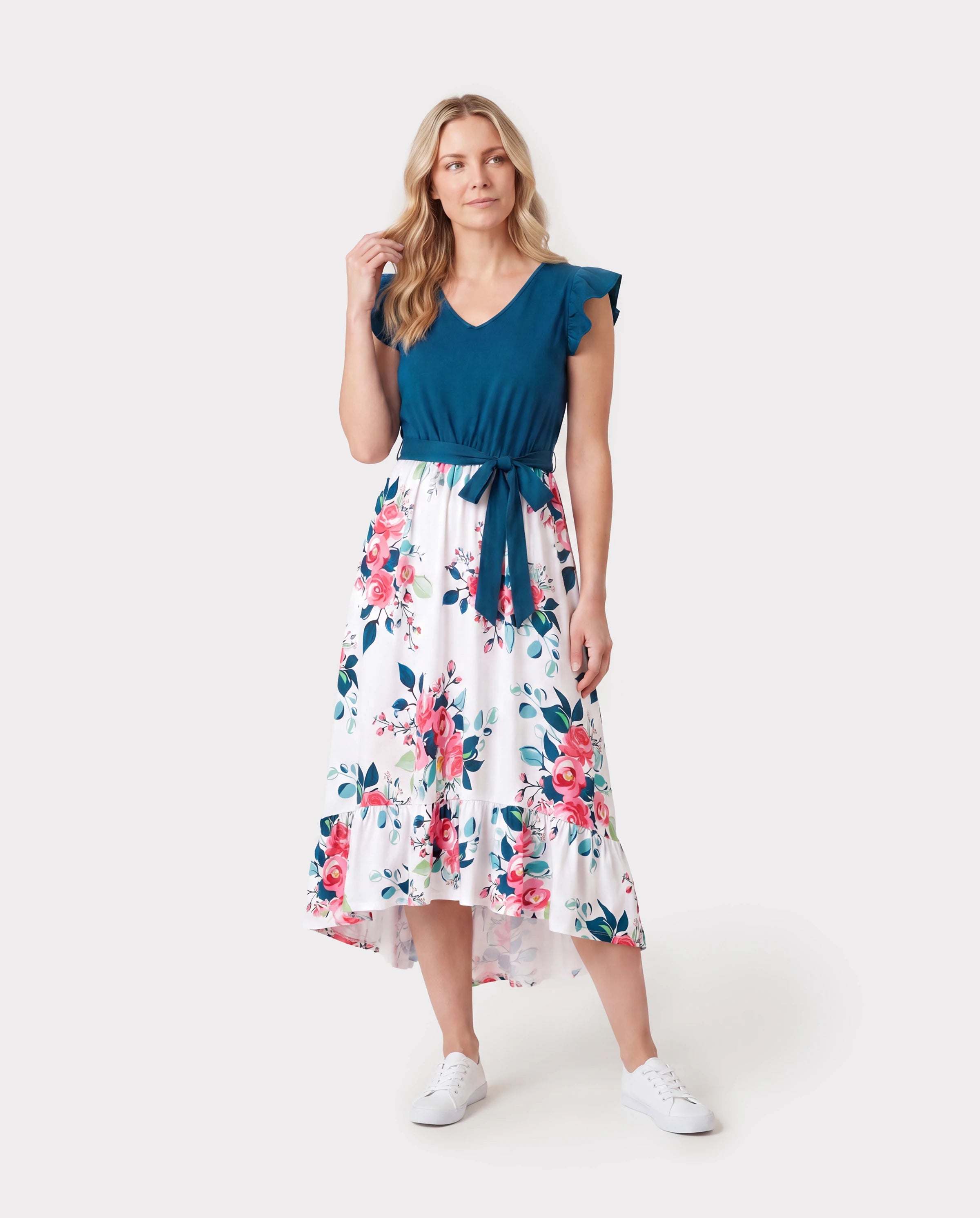 Family Matching Solid V Neck Flutter-sleeve Splicing Floral Print Dresses and Short-sleeve Colorblock T-shirts Sets Azure-