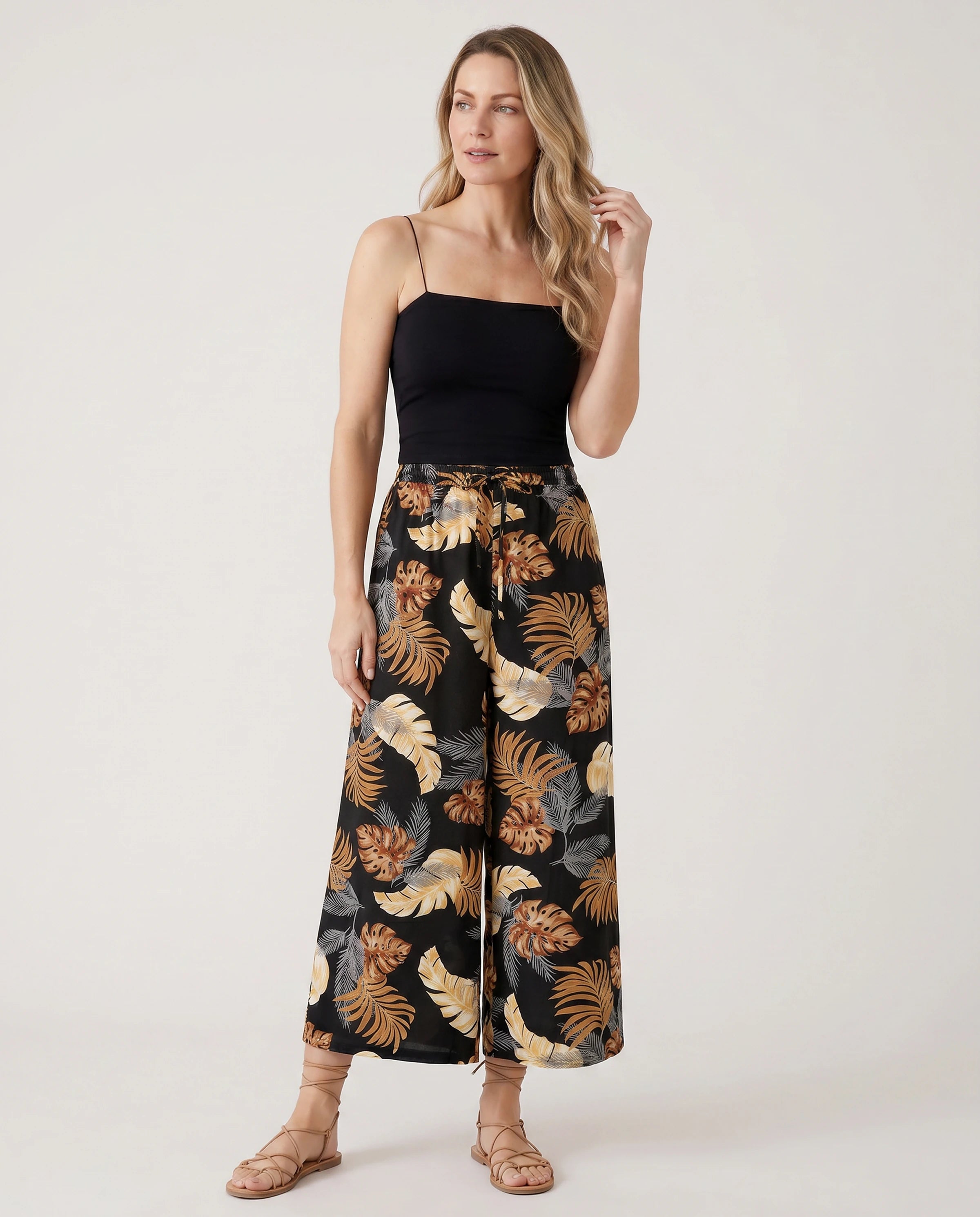 Family Matching Floral Print Beach Wear Short-sleeve Shirt or Camisole top and Wide-Leg Pants Set for Summer Vacation Family Looks Black+White