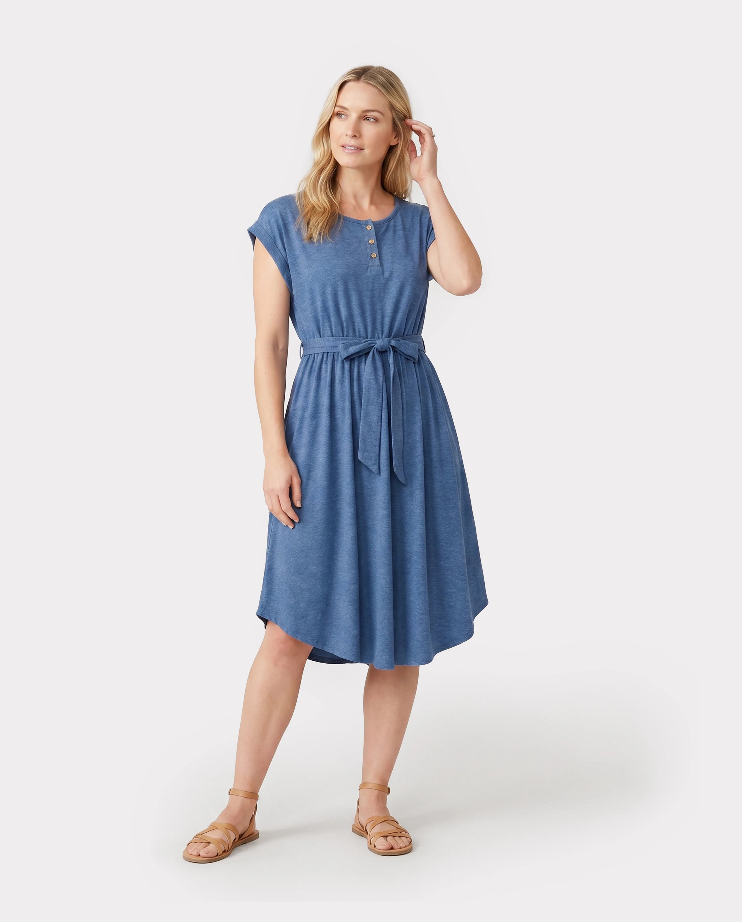 Family Matching Soft Casual Outfit with Below Knee Dresses, Front Buttons, Belted Design Blue