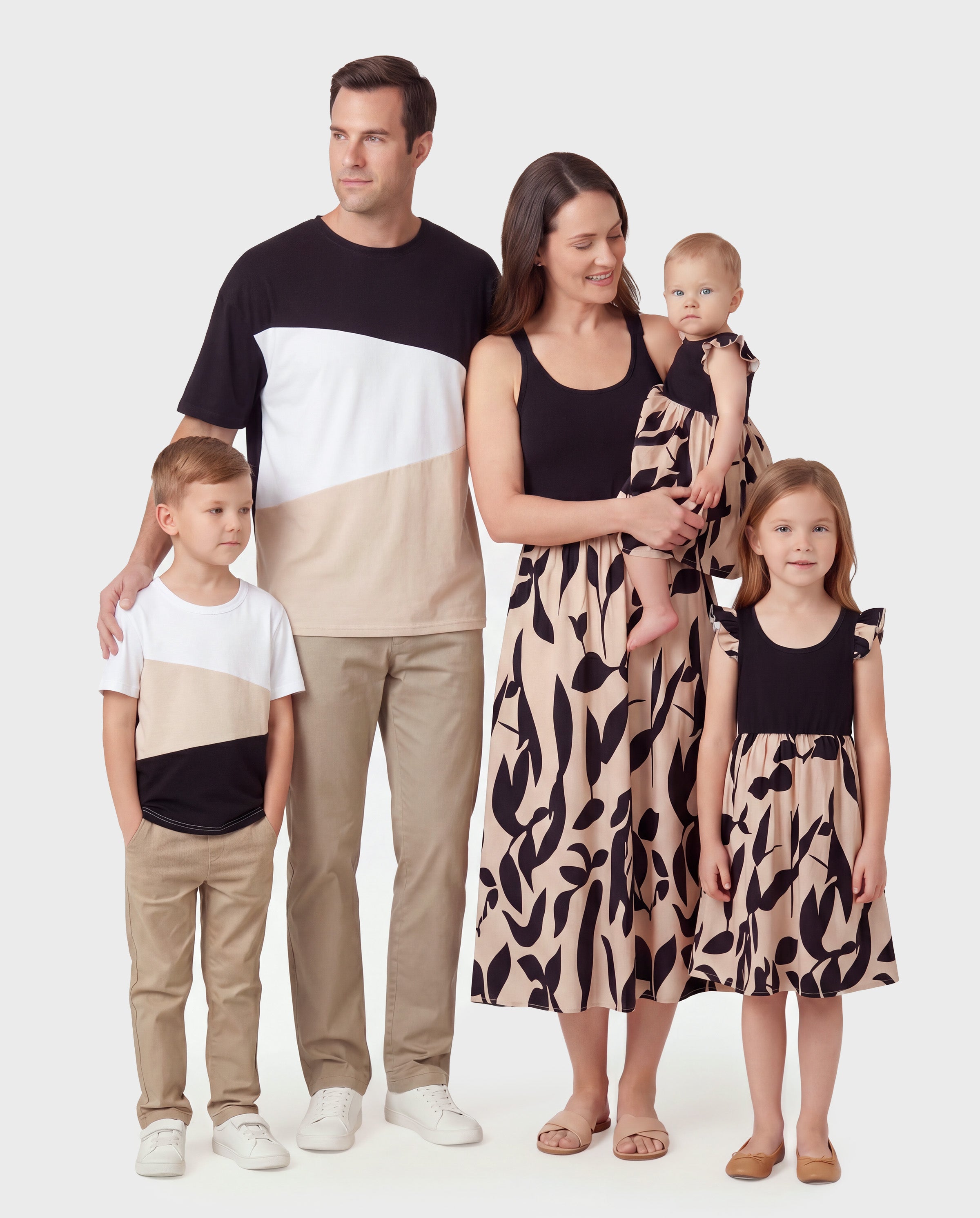 Family Matching Cross Back Floral Strap Dress and Colorblock Top Sets Black
