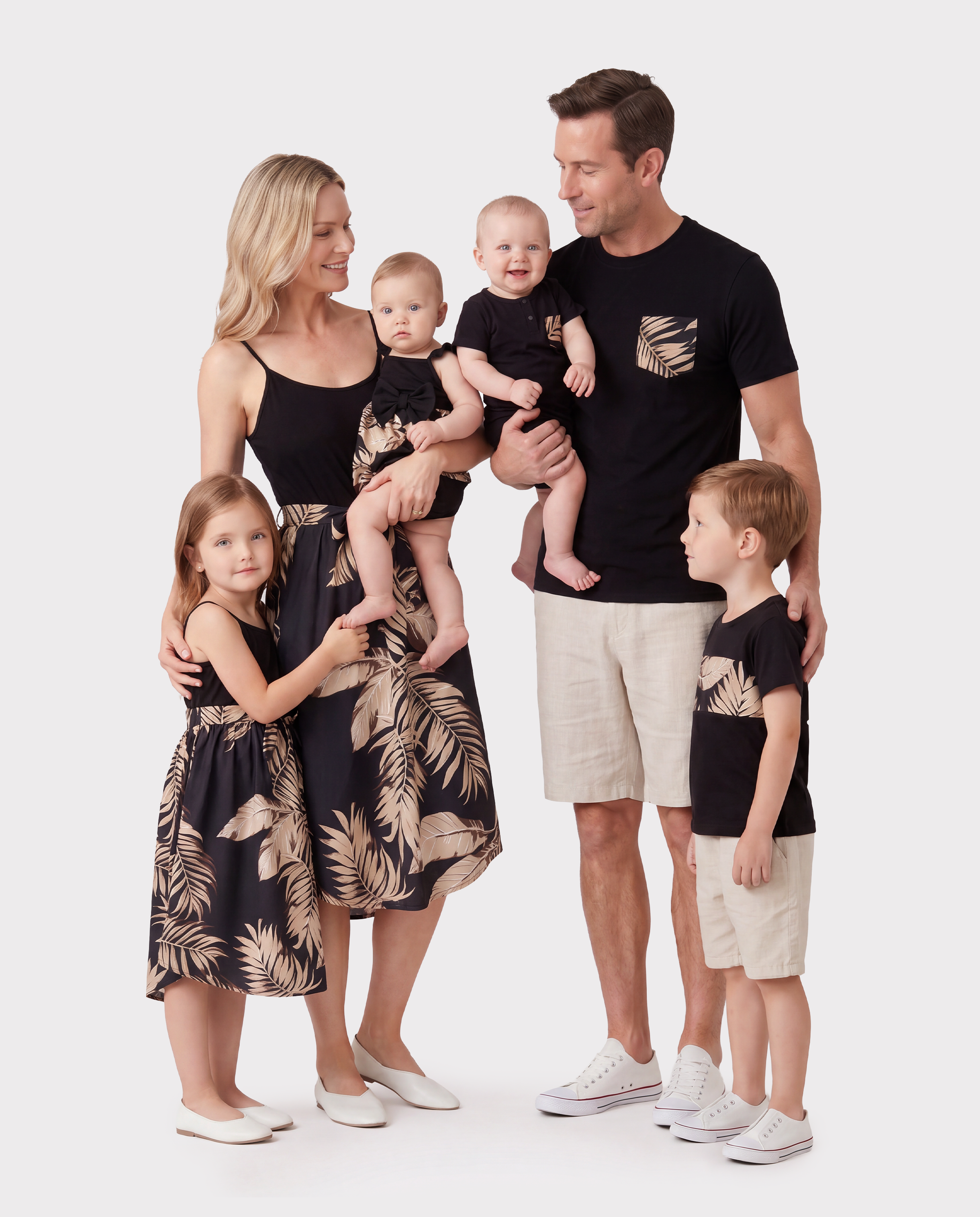 Family Matching Floral Print Belted Cami Dresses And Solid Short Sleeve Tops Sets Black