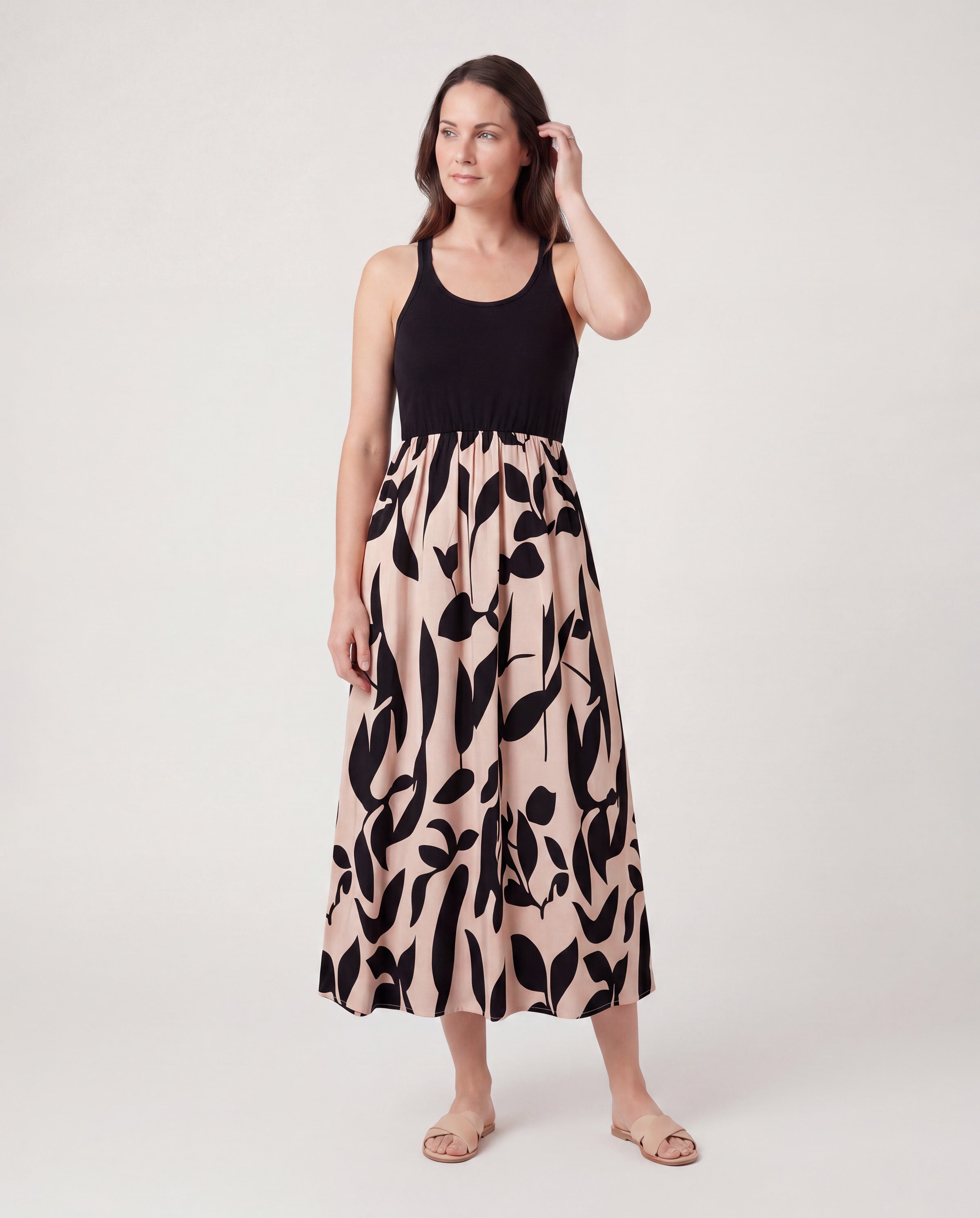 Family Matching Cross Back Floral Strap Dress and Colorblock Top Sets Black
