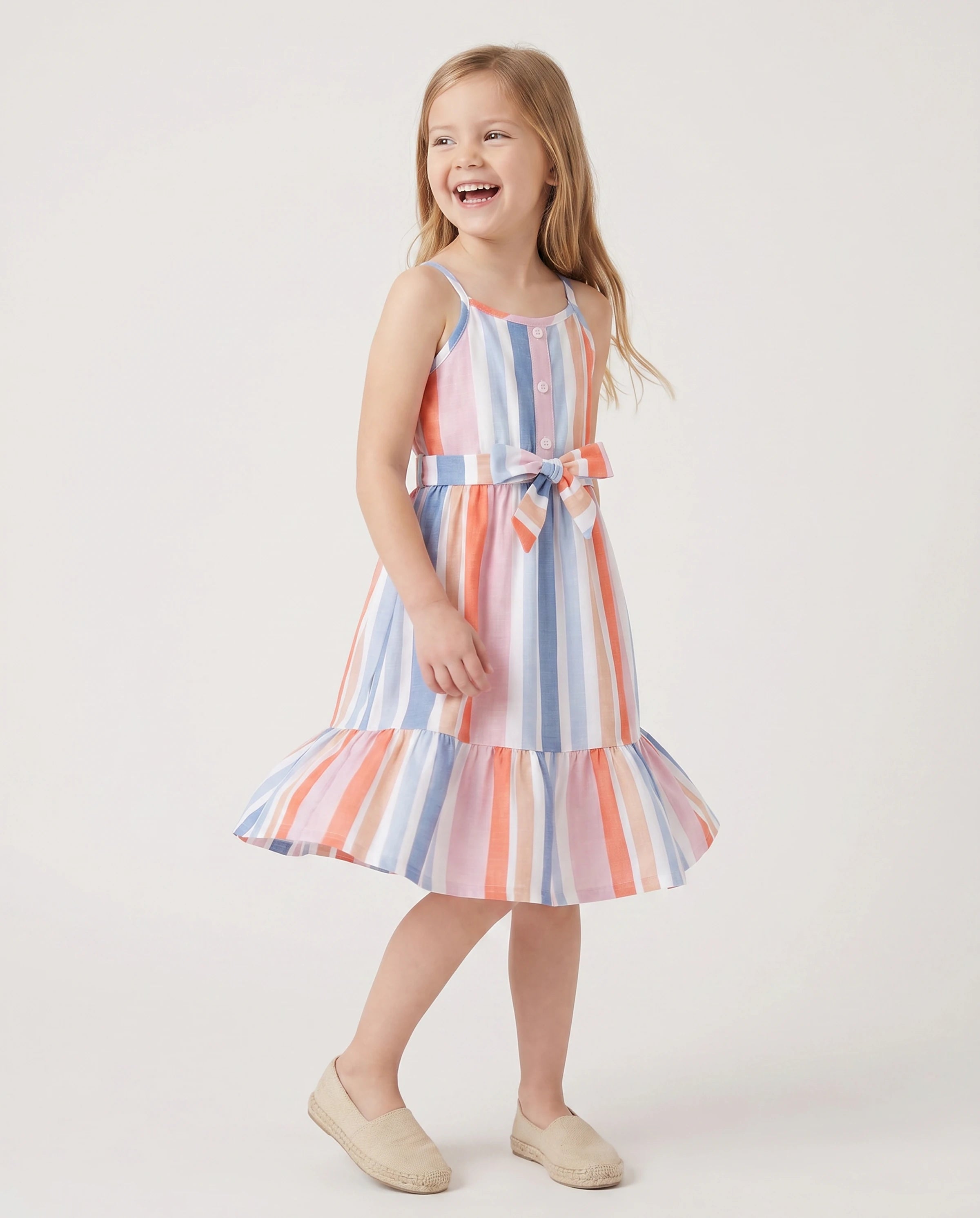 Family Matching Blue Short-sleeve Tee or Colorful Stripe Camisole Dress Multi-color