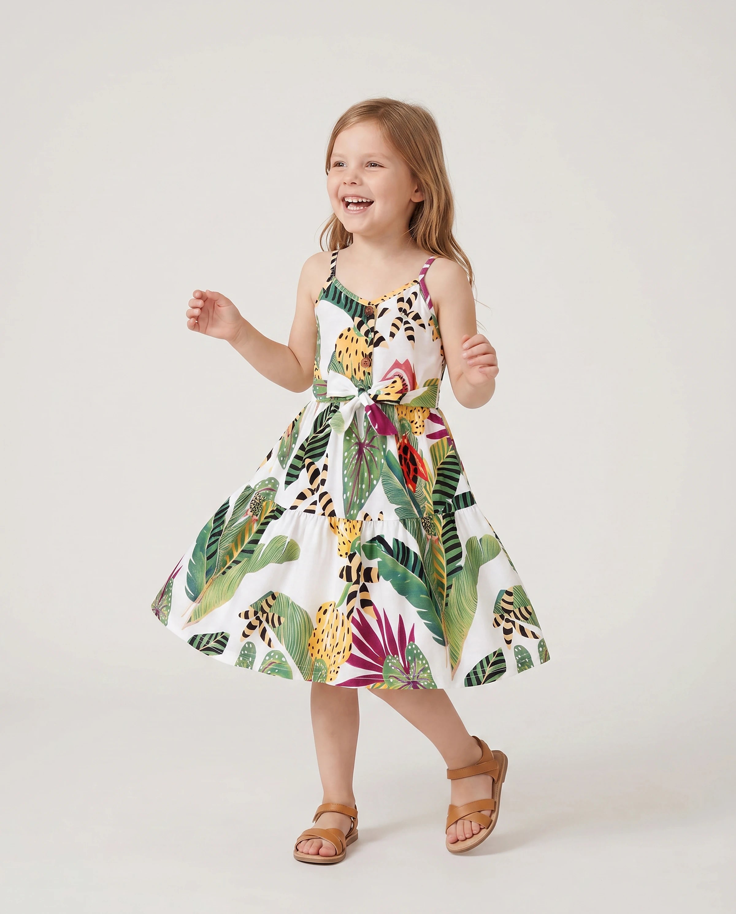 Family Matching Tropical Floral Print Short-sleeve Top or Camisole Dress Set Multi-color