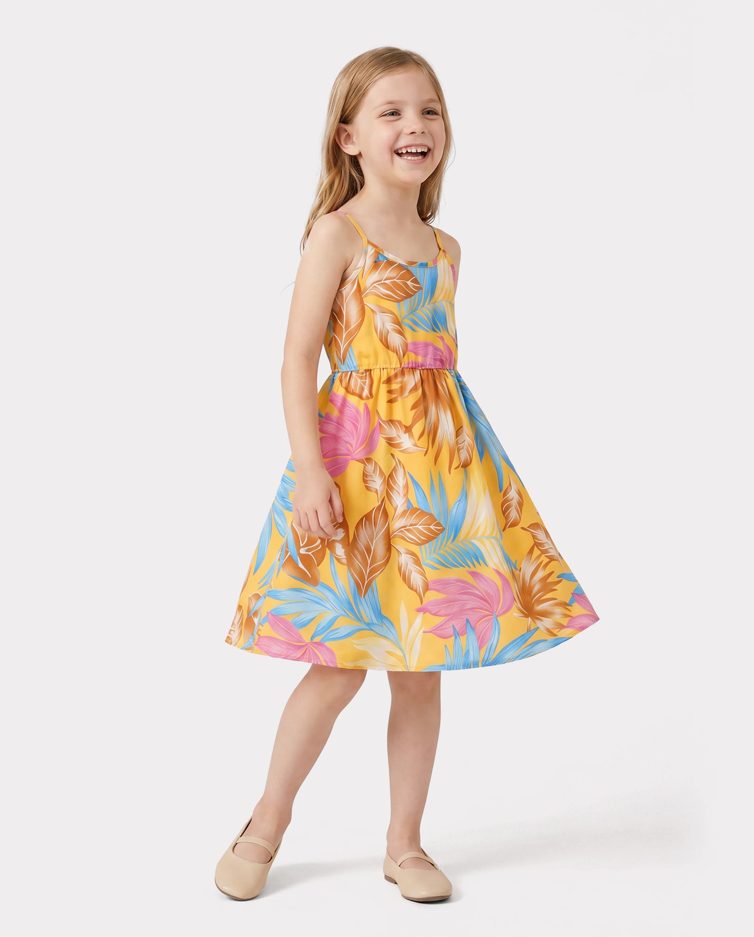Family Matching Yellow Set Tropical Leaf Print Short-sleeve Shirt or Strap Dress Yellow
