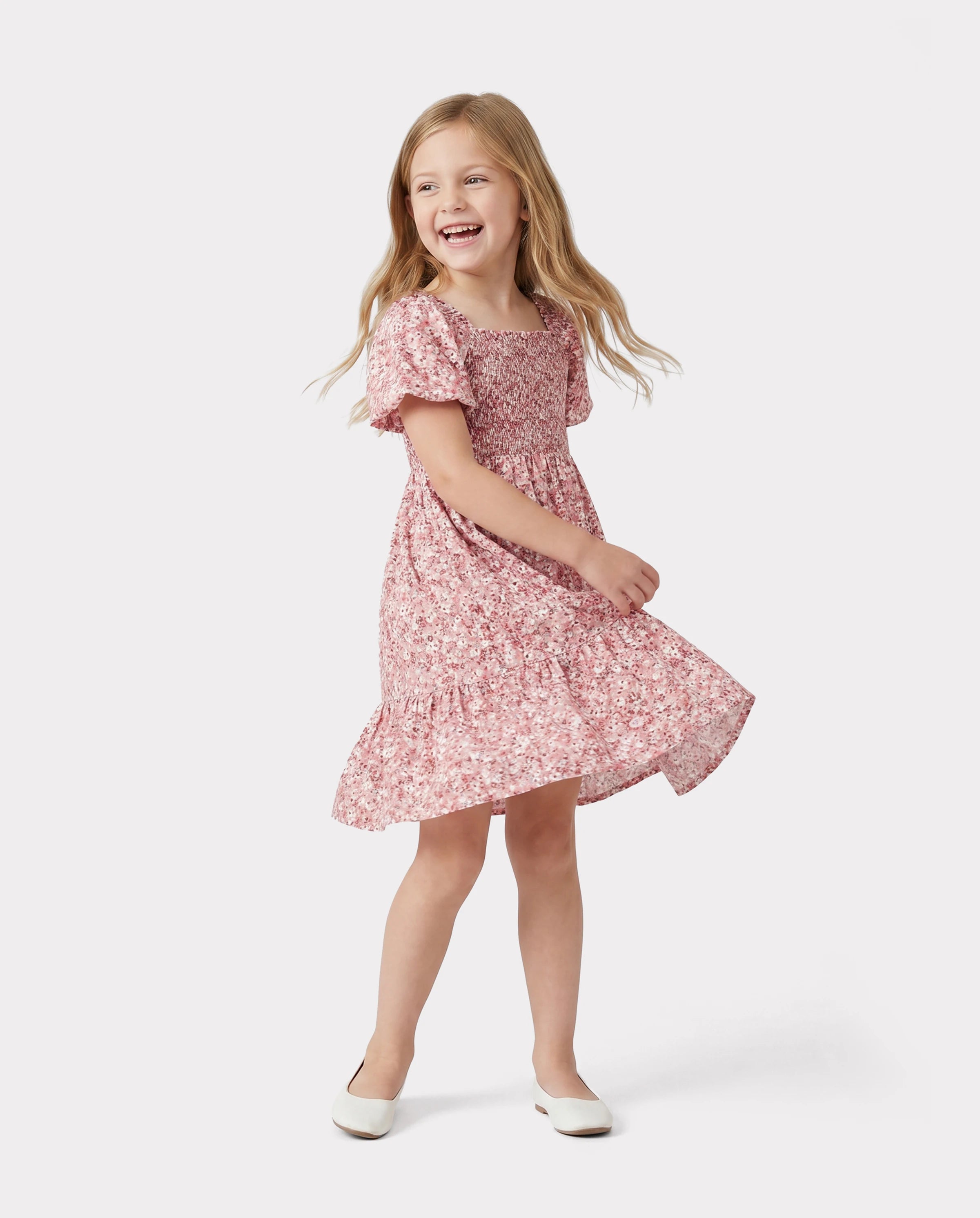 Family Matching Blue Cotton Colorblock Tee Shirt or Floral Print Smocking Puff-sleeve Dress Set  Pink