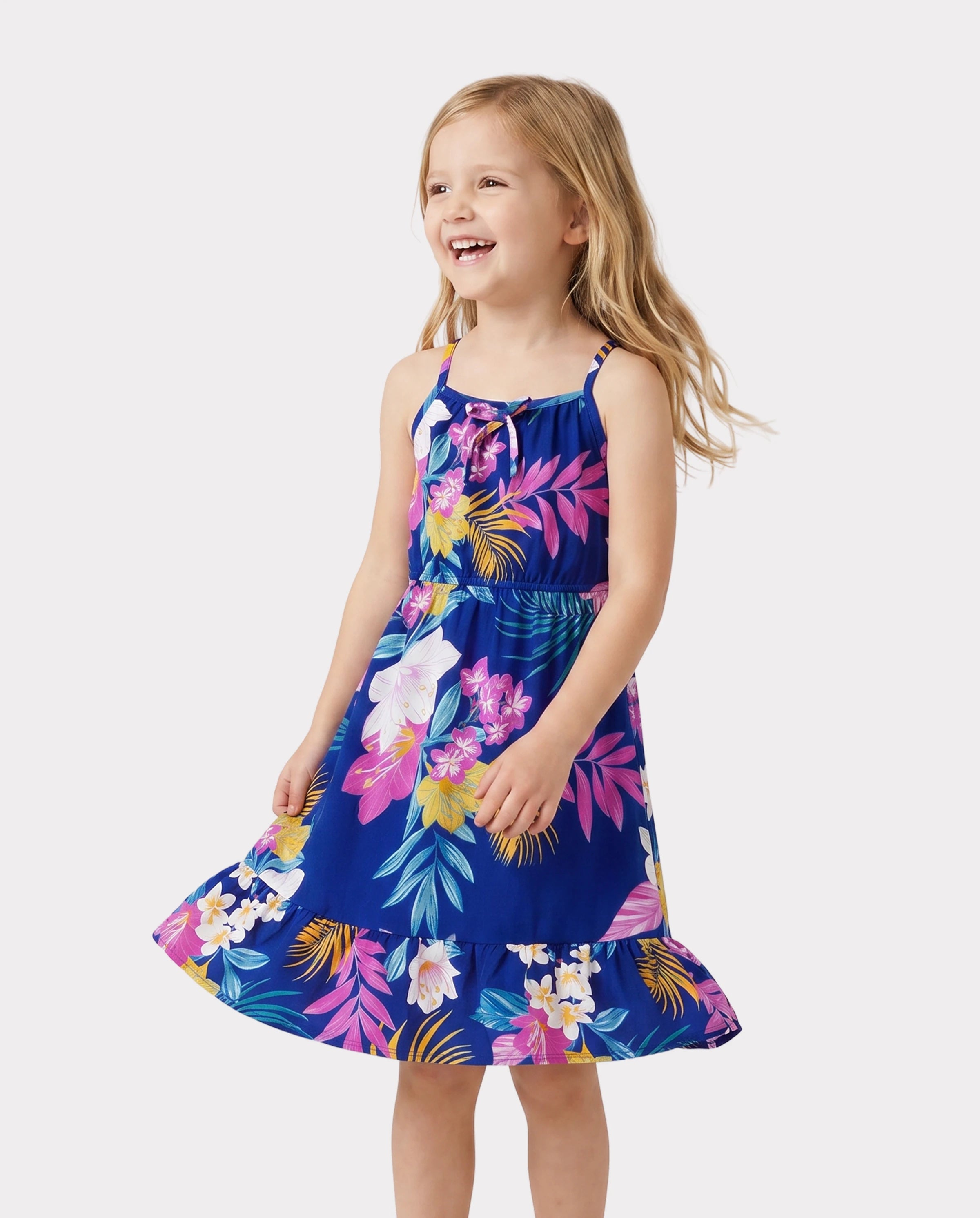 Matching Family Hawaiian Outfits Tropical Floral Print Strap Dress or Short-sleeve Shirts & Shorts Set Summer Beachwear Set for Vacation Deep Blue