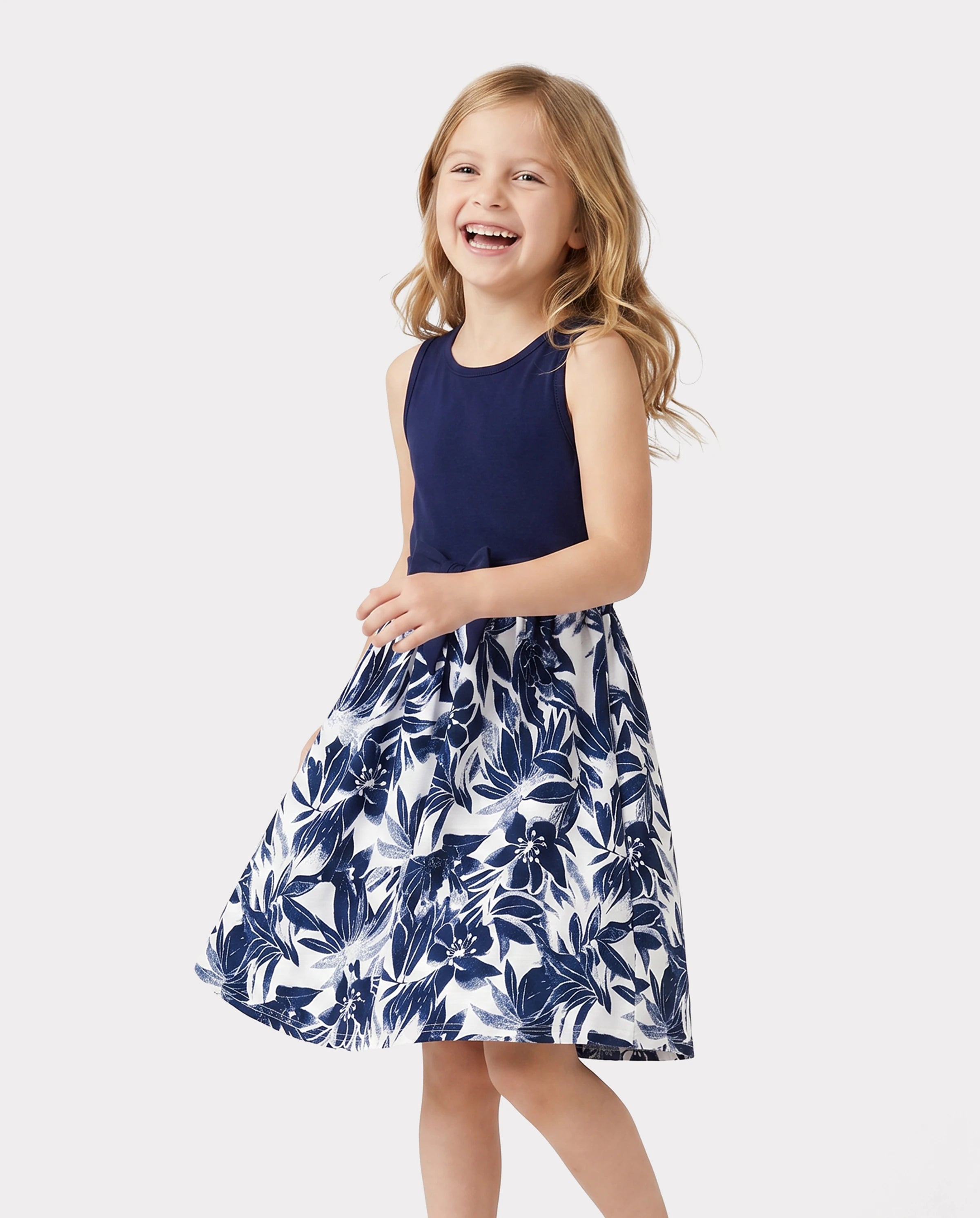 Family Matching Cotton Tee Flora Print Splicing Shirt or Tank Dress Deep Blue