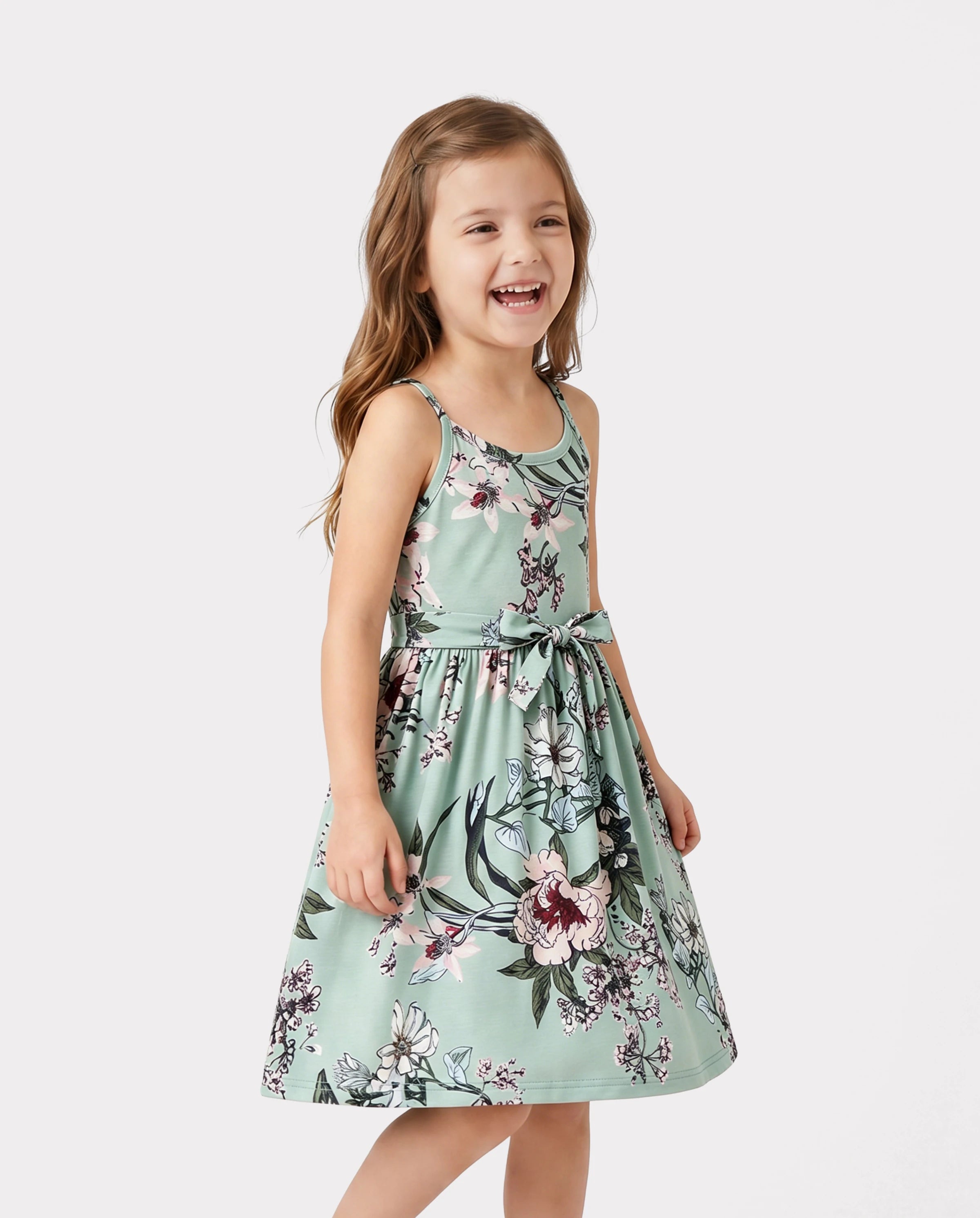 Family Matching Sets Green Striped Polo Shirt or Flora Print Strap Belted Dress Light Green