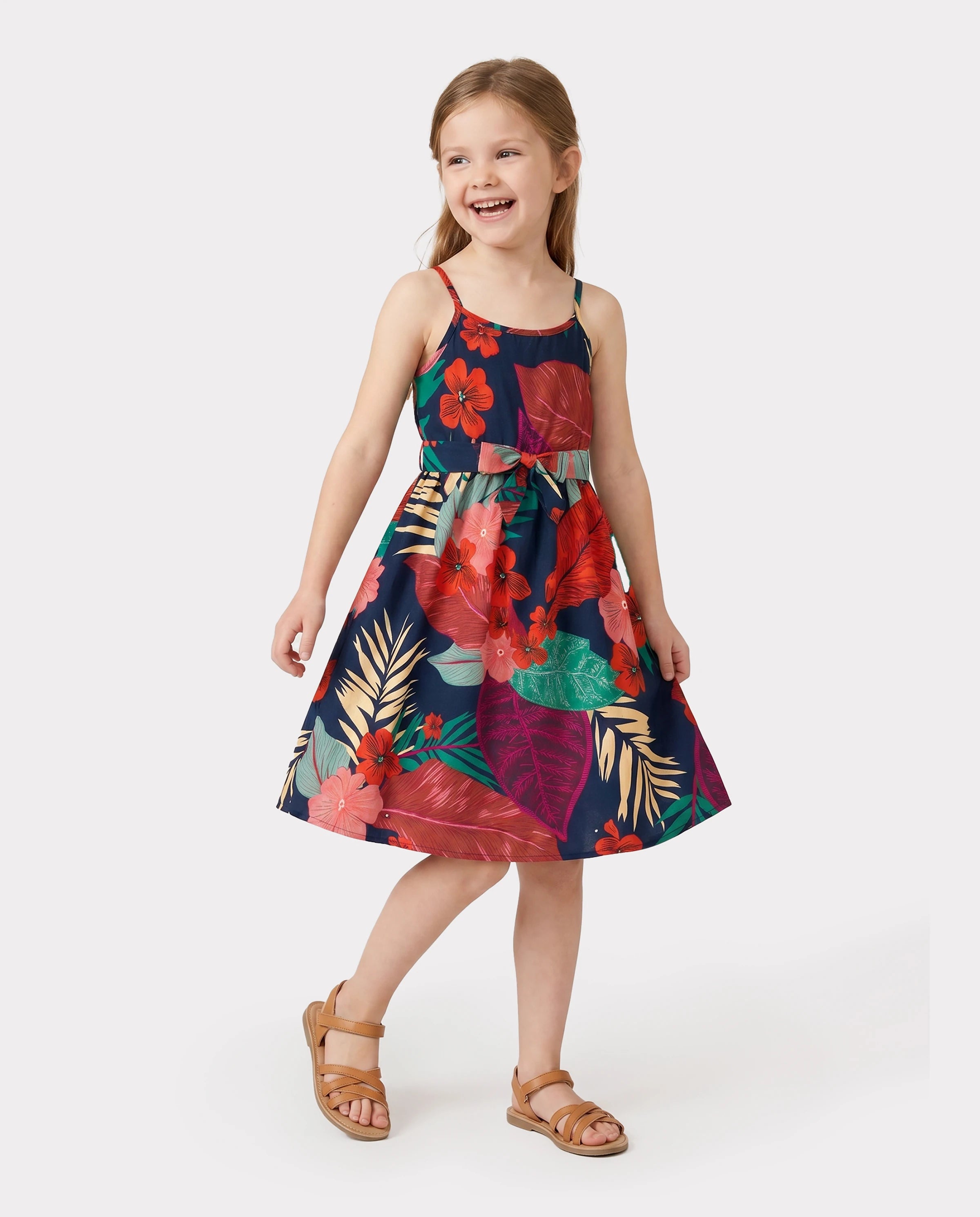 Family Matching Sets Floral Panel Black tee and V-neck Strap Dress with Hidden Snap Deep Blue
