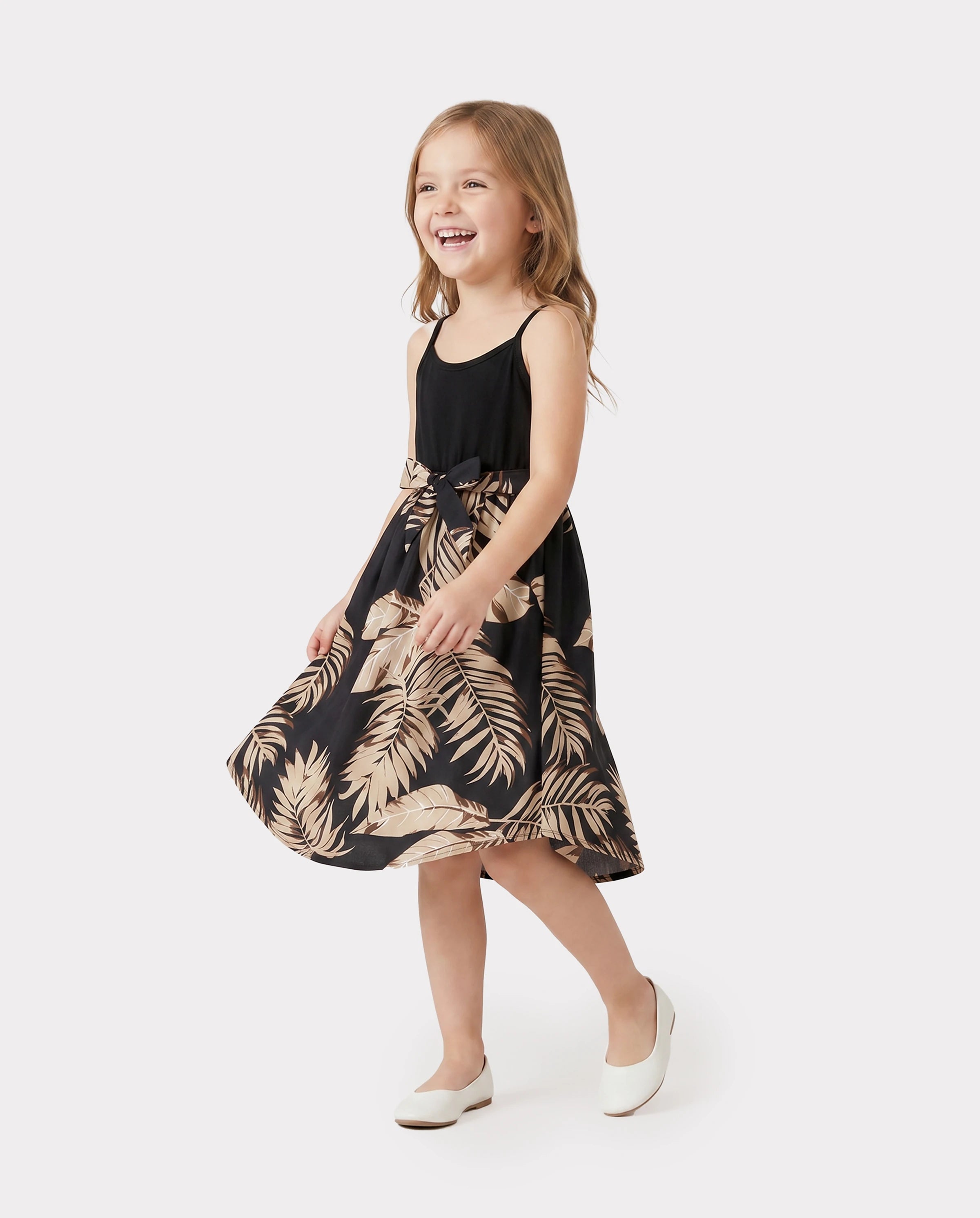 Family Matching Floral Print Belted Cami Dresses And Solid Short Sleeve Tops Sets Black