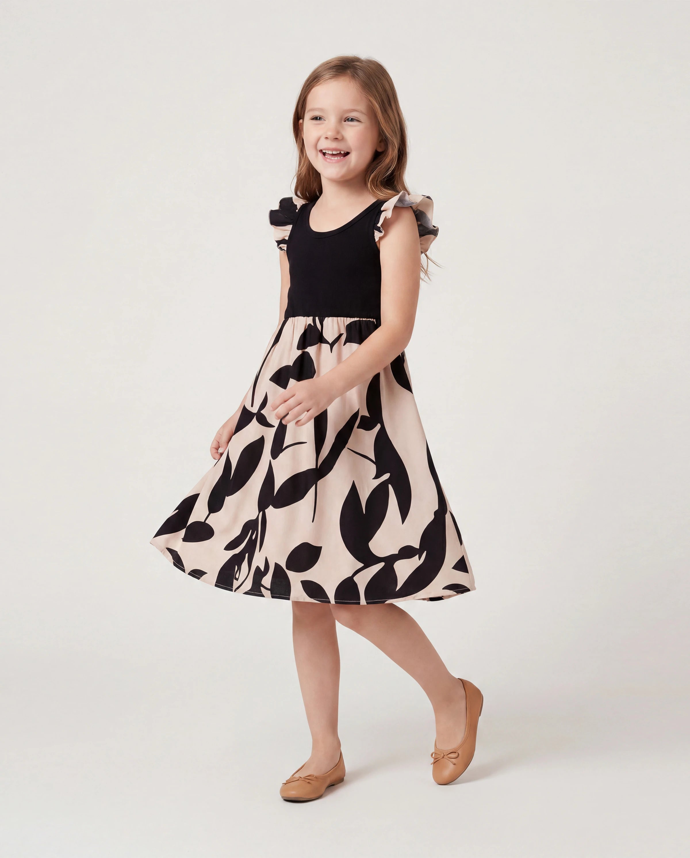 Family Matching Cross Back Floral Strap Dress and Colorblock Top Sets Black
