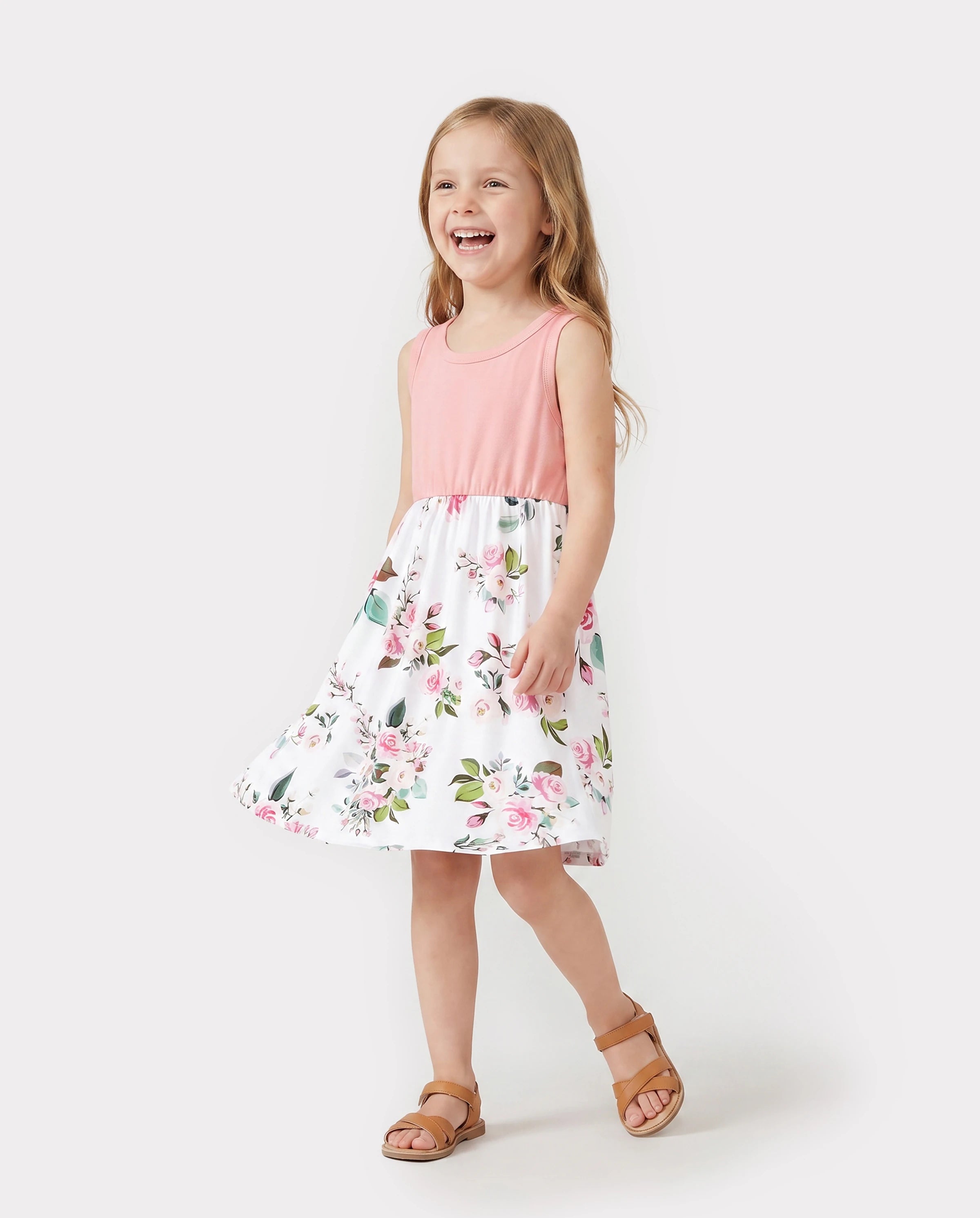 Family Matching Pink Sleeveless Splicing Floral Print Midi Dresses and Colorblock Short-sleeve Polo Shirts Sets Pink