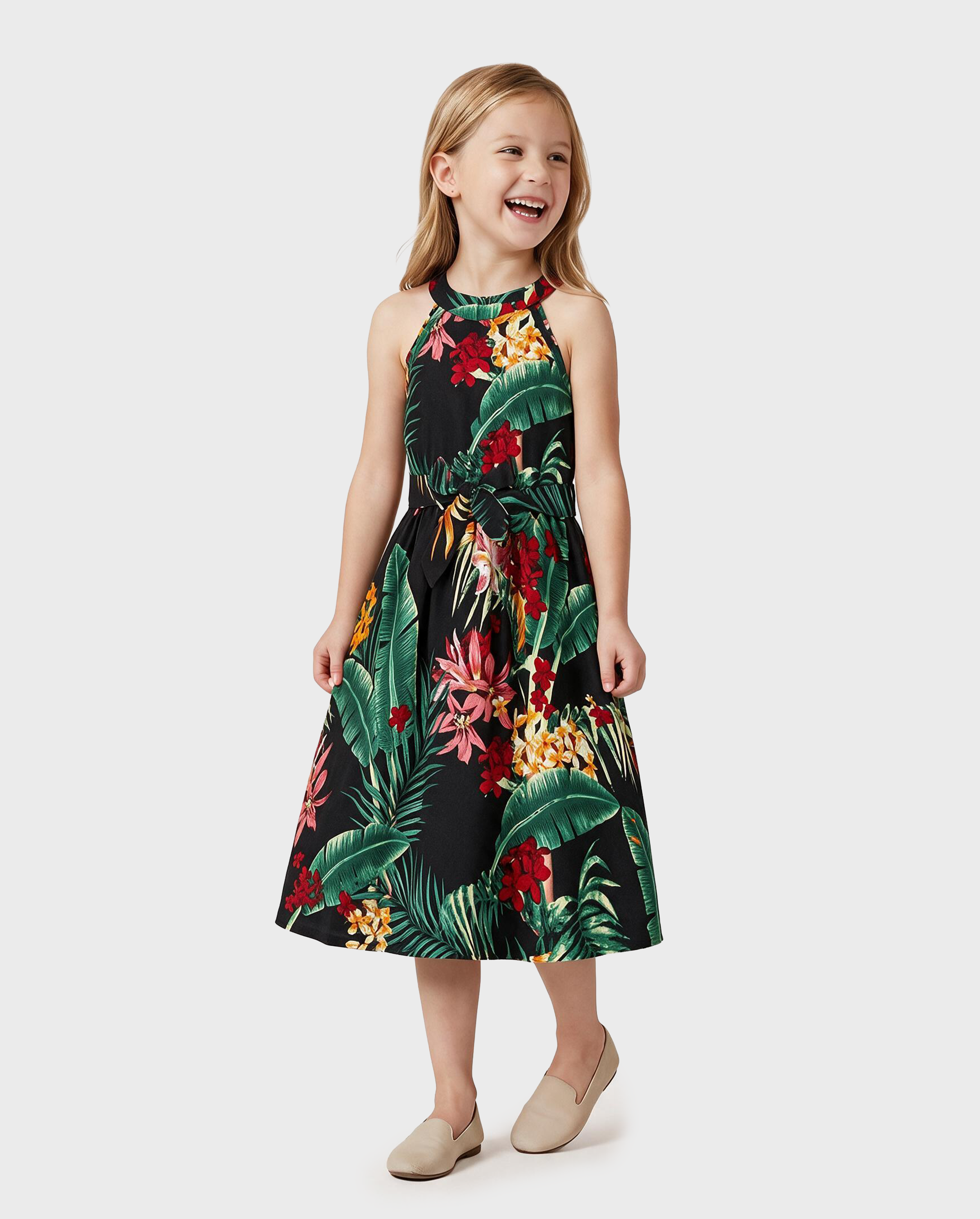 Family Matching Allover Plant Floral Print Halterneck Dresses and Short-sleeve Shirts Sets Black