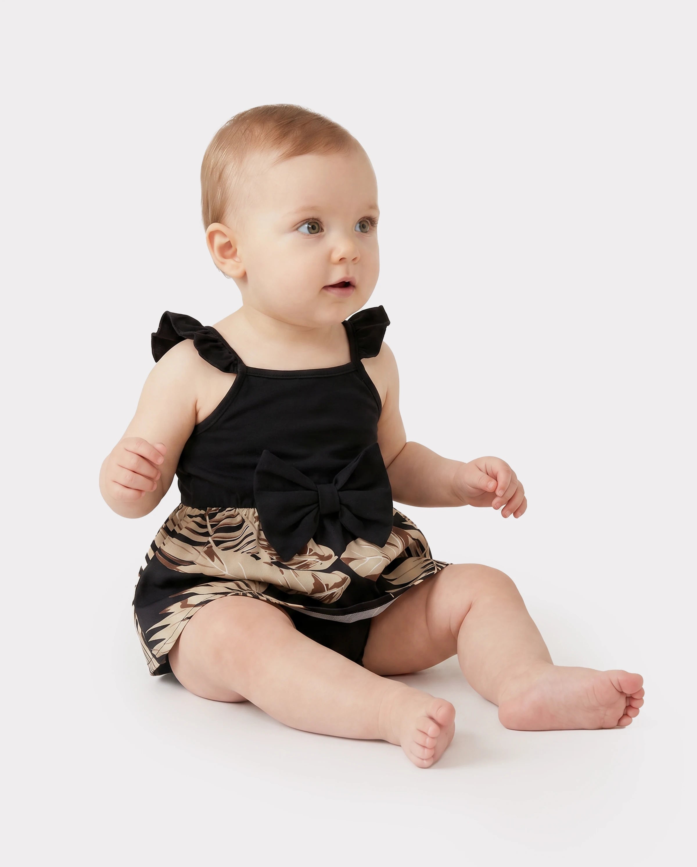 Family Matching Floral Print Belted Cami Dresses And Solid Short Sleeve Tops Sets Black