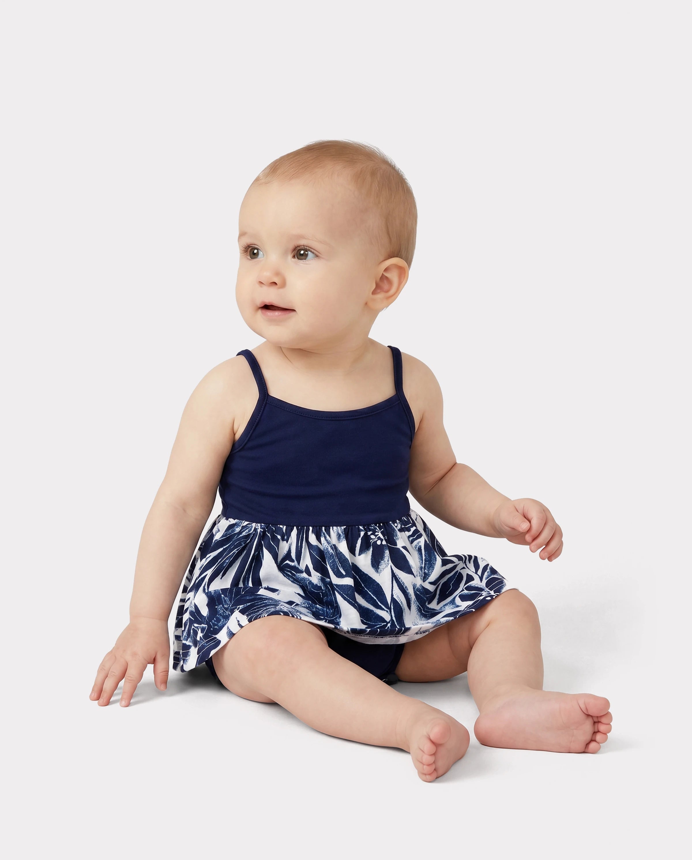 Family Matching Cotton Tee Flora Print Splicing Shirt or Tank Dress Deep Blue