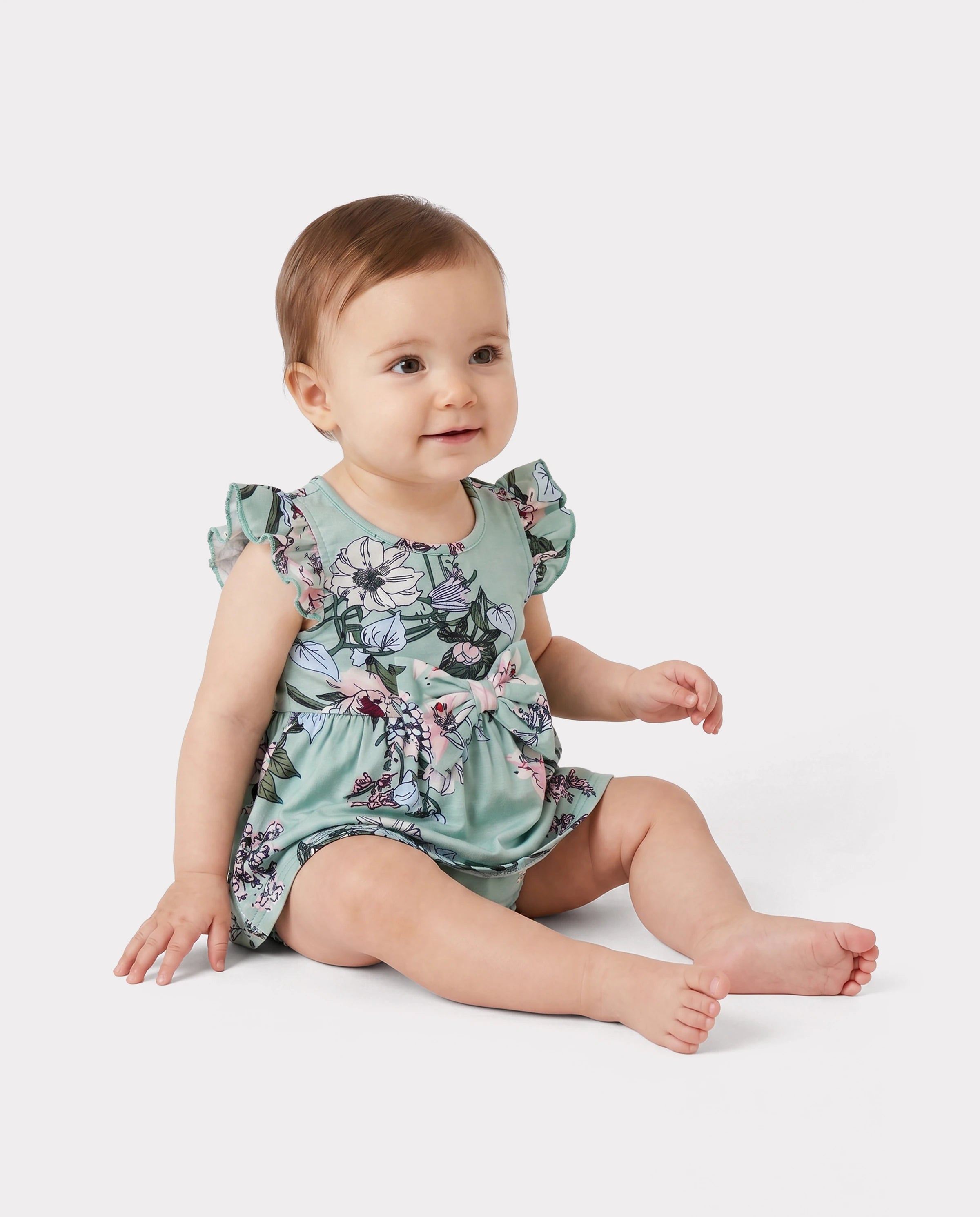 Family Matching Sets Green Striped Polo Shirt or Flora Print Strap Belted Dress Light Green