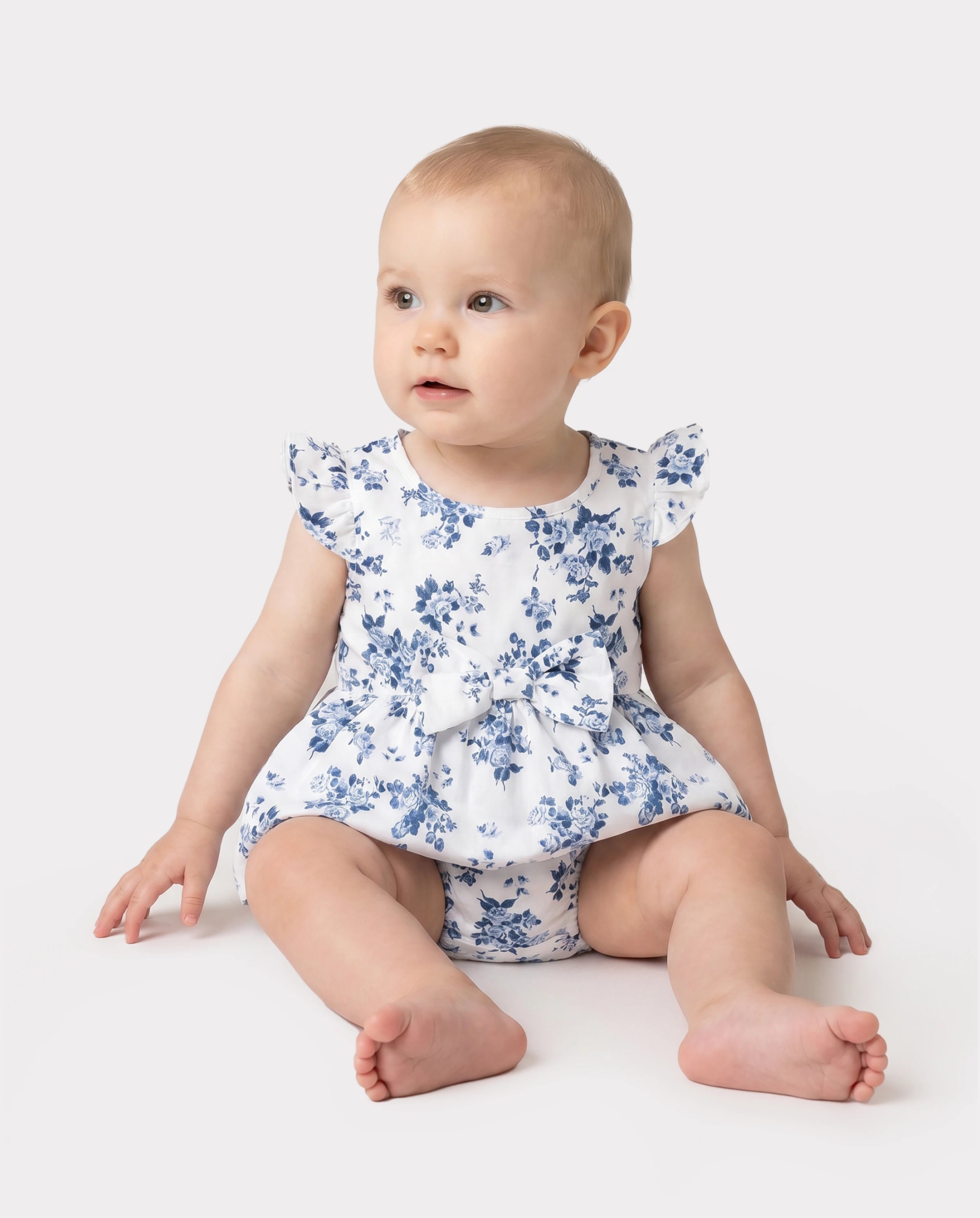 Family Matching Outfit: Floral Smocking Casual Suit BLUEWHITE