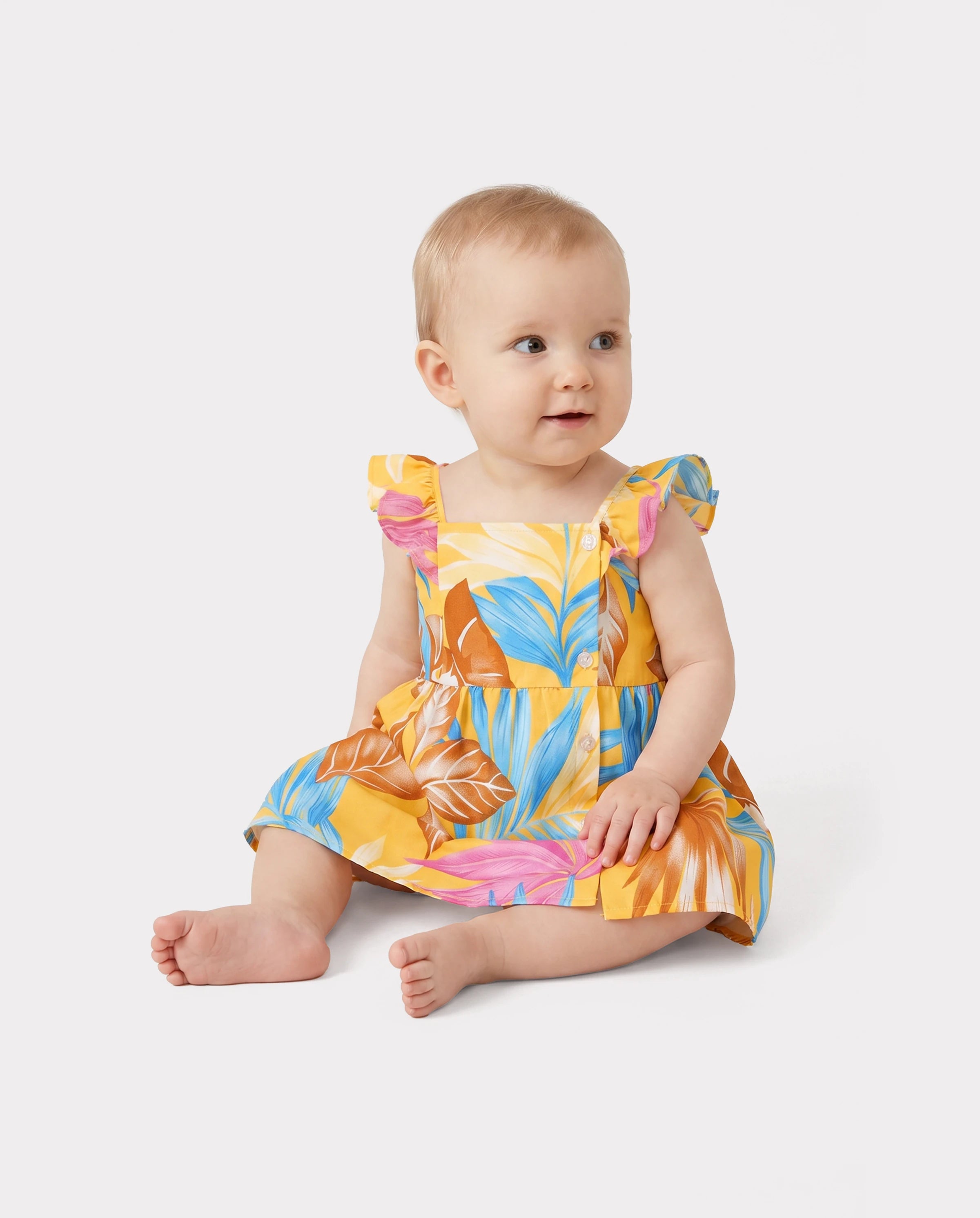 Family Matching Yellow Set Tropical Leaf Print Short-sleeve Shirt or Strap Dress Yellow