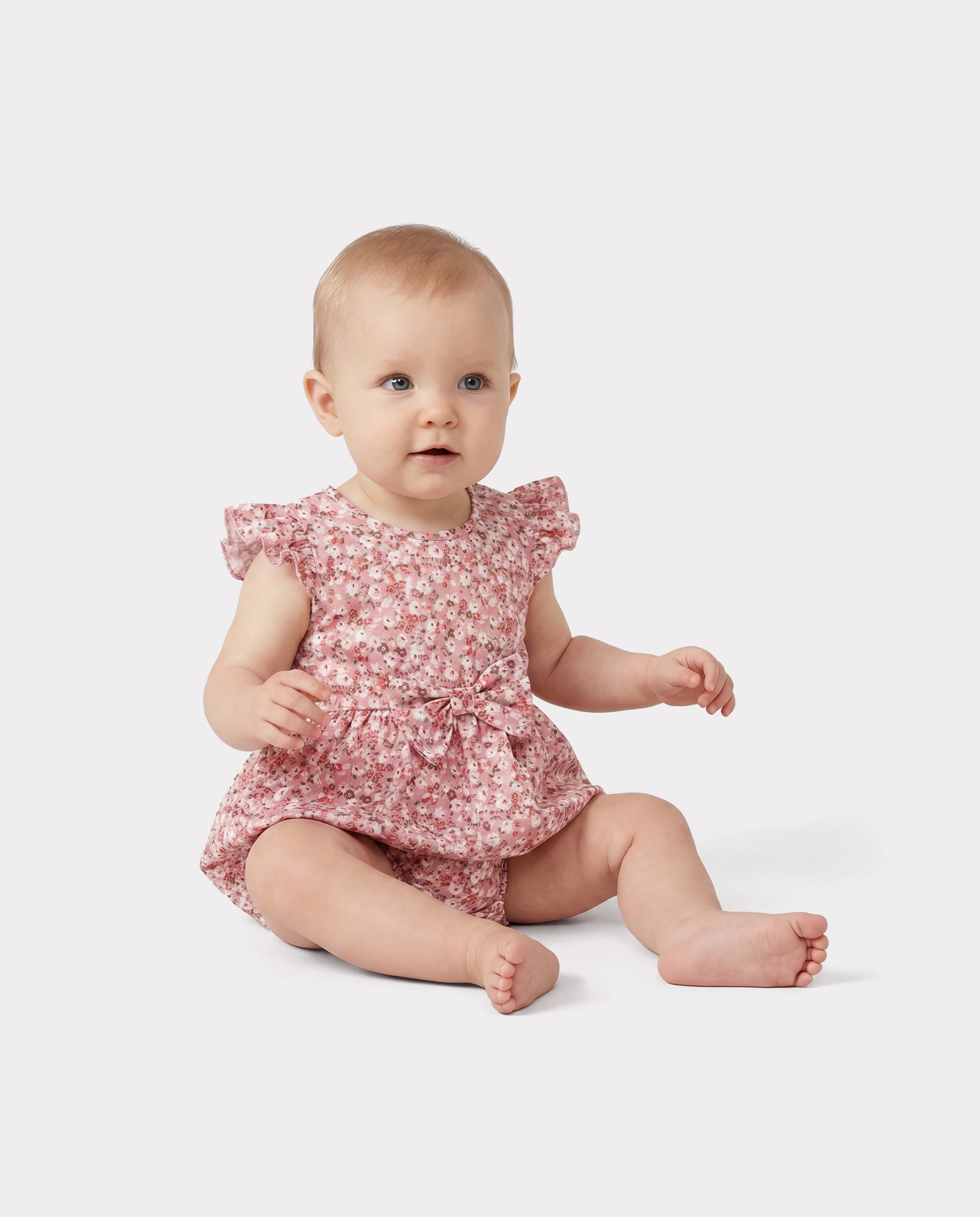 Family Matching Blue Cotton Colorblock Tee Shirt or Floral Print Smocking Puff-sleeve Dress Set  Pink