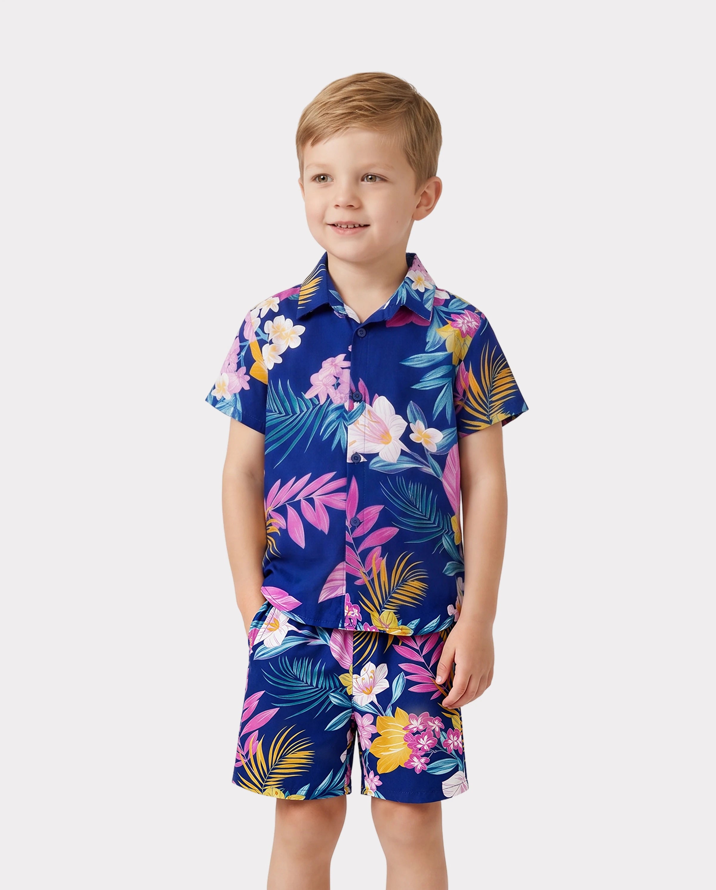 Matching Family Hawaiian Outfits Tropical Floral Print Strap Dress or Short-sleeve Shirts & Shorts Set Summer Beachwear Set for Vacation Deep Blue