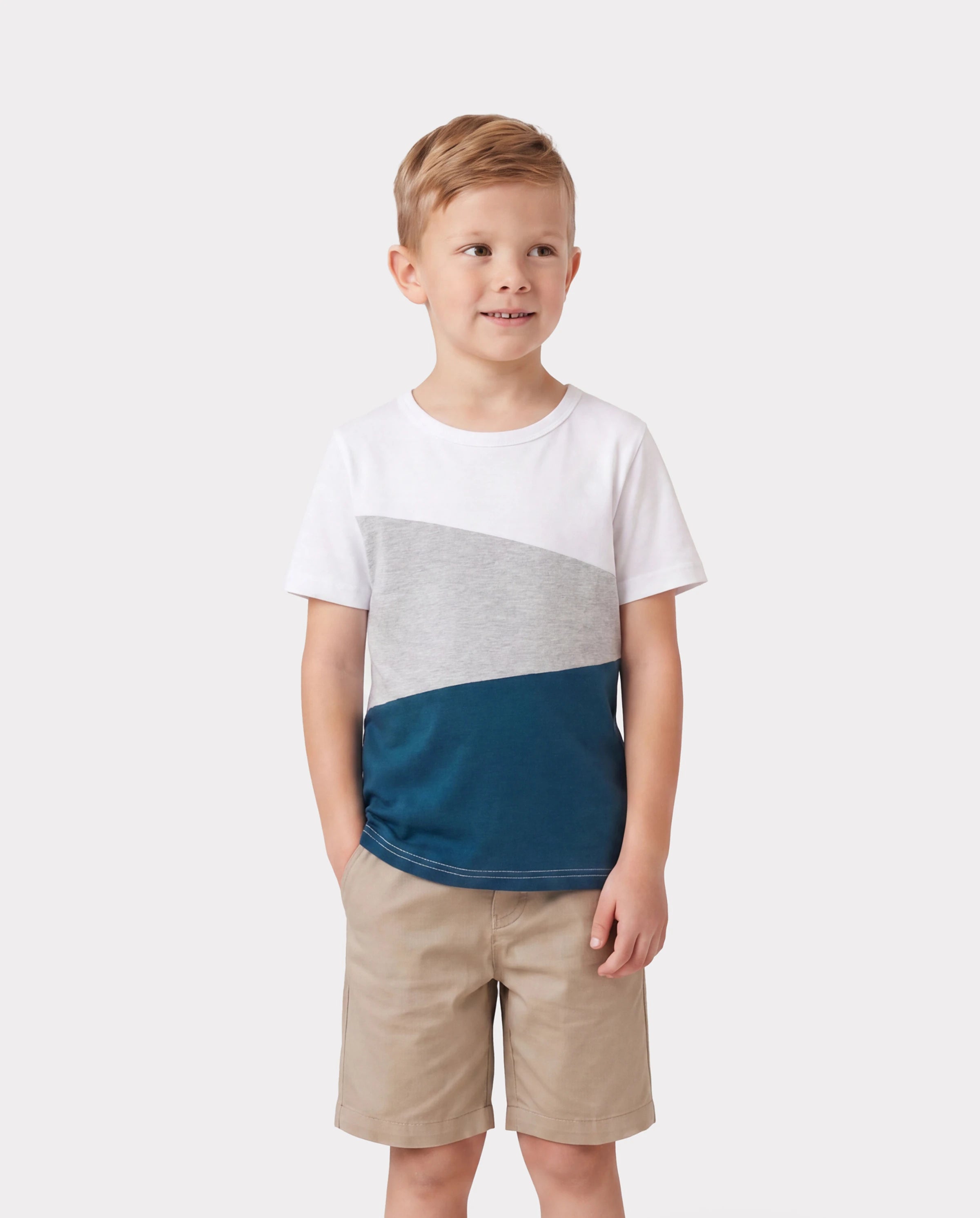 Family Matching Solid V Neck Flutter-sleeve Splicing Floral Print Dresses and Short-sleeve Colorblock T-shirts Sets Azure-