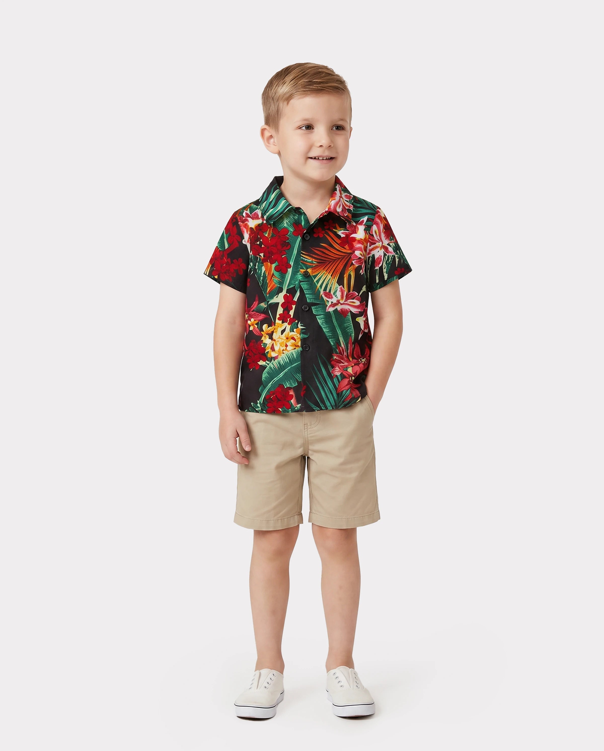 Family Matching Allover Plant Floral Print Halterneck Dresses and Short-sleeve Shirts Sets Black