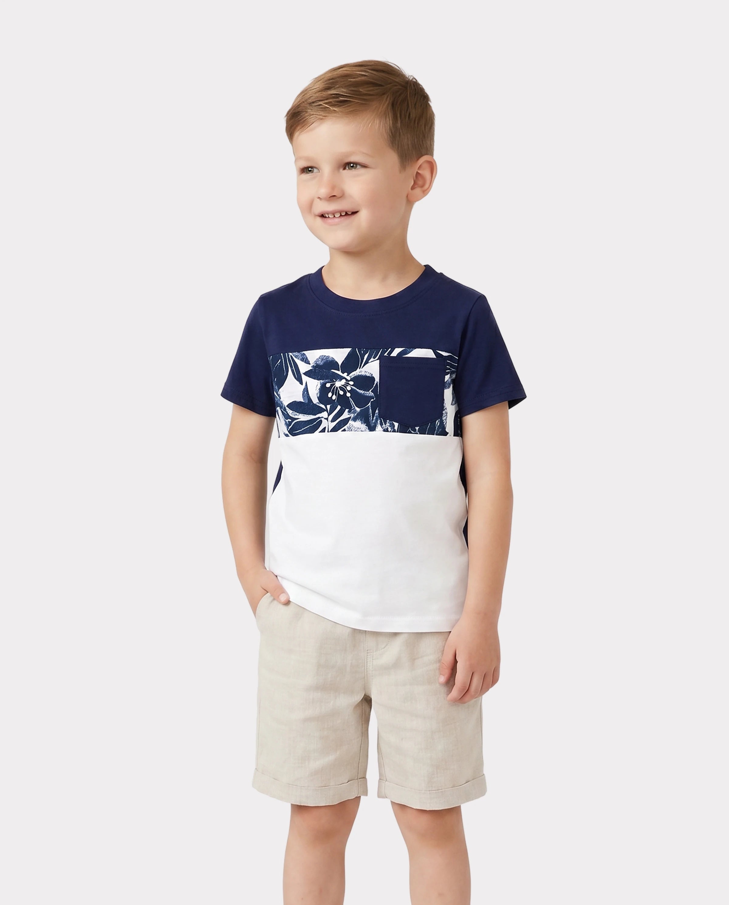 Family Matching Cotton Tee Flora Print Splicing Shirt or Tank Dress Deep Blue