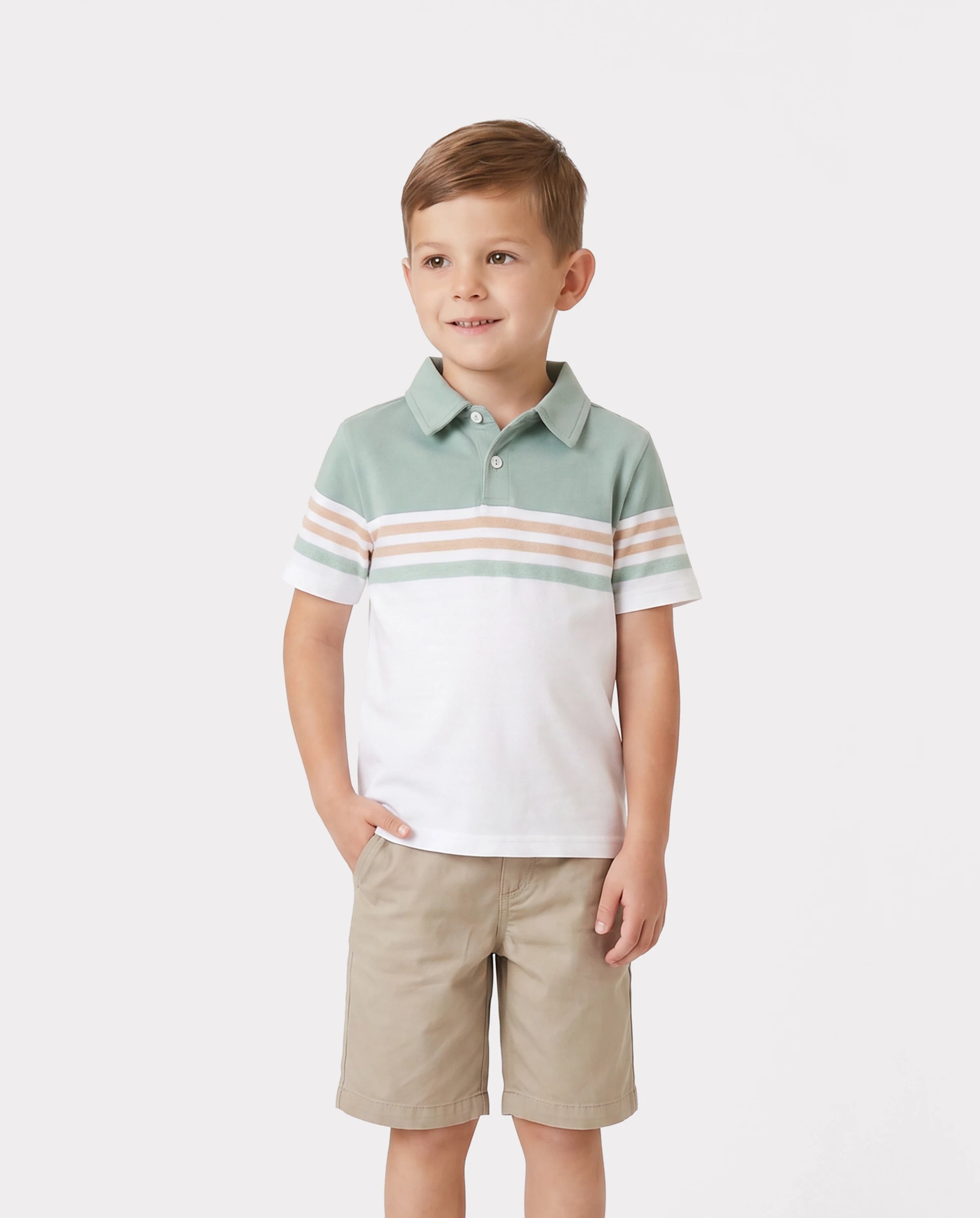 Family Matching Sets Green Striped Polo Shirt or Flora Print Strap Belted Dress Light Green