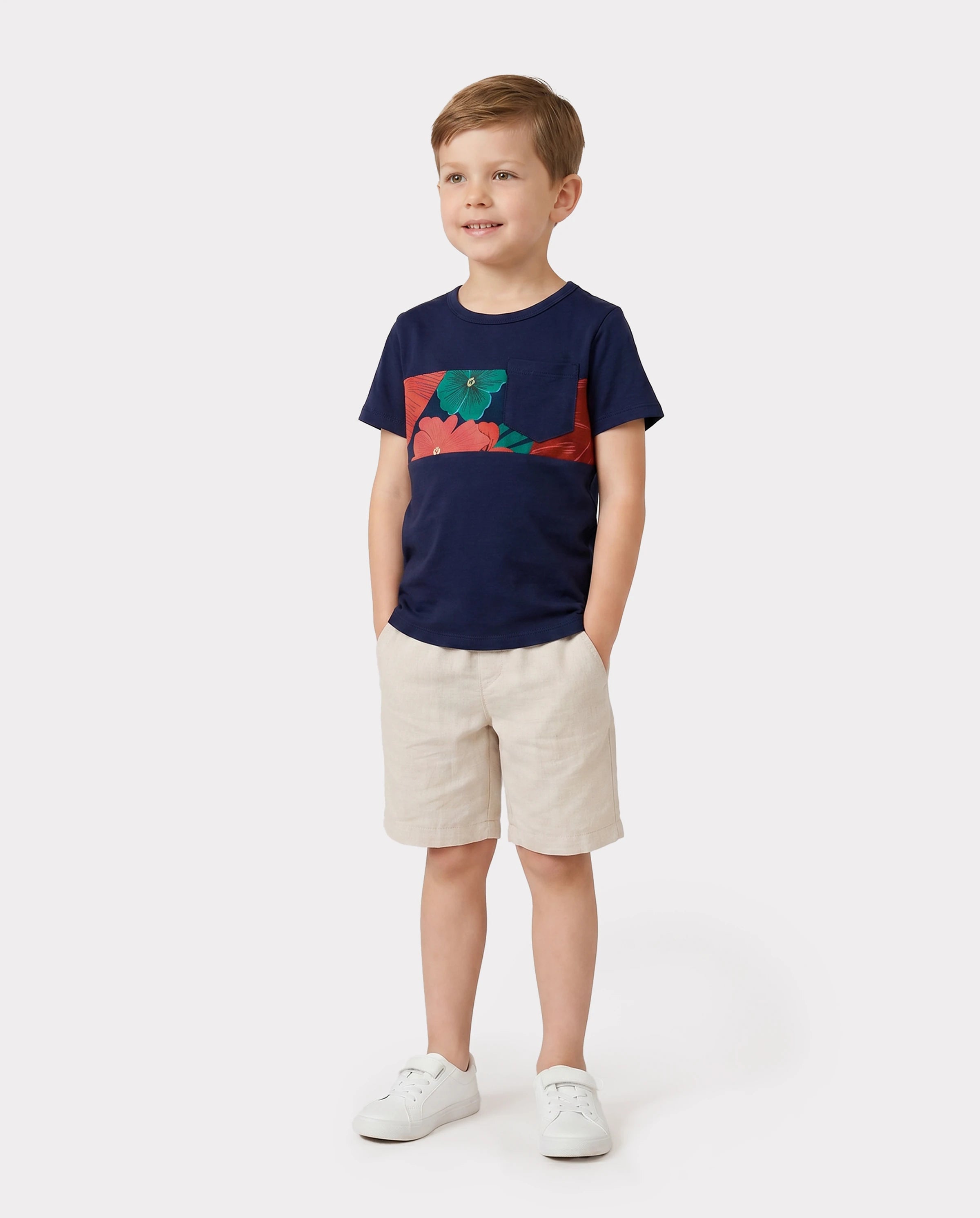 Family Matching Sets Floral Panel Black tee and V-neck Strap Dress with Hidden Snap Deep Blue