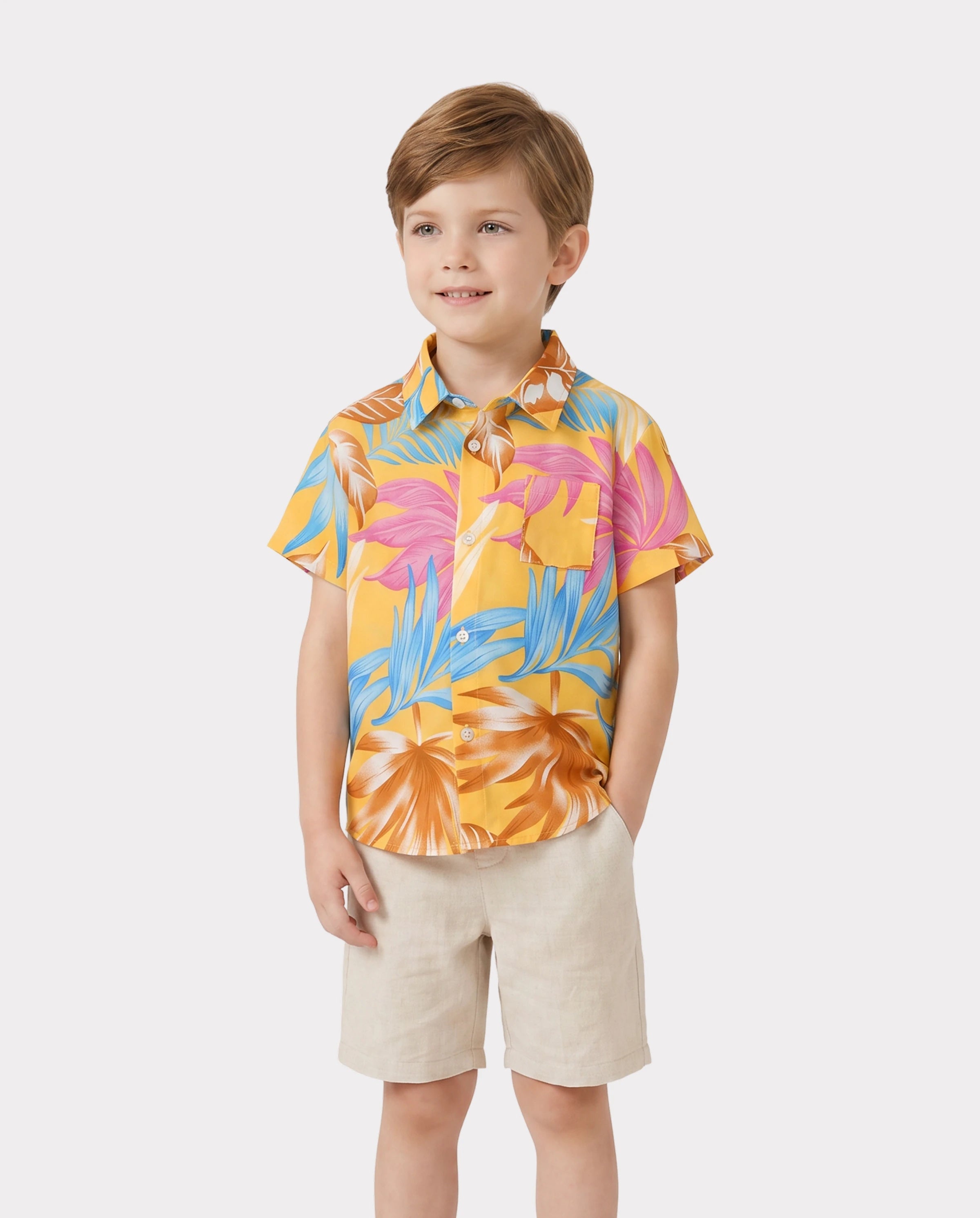 Family Matching Yellow Set Tropical Leaf Print Short-sleeve Shirt or Strap Dress Yellow