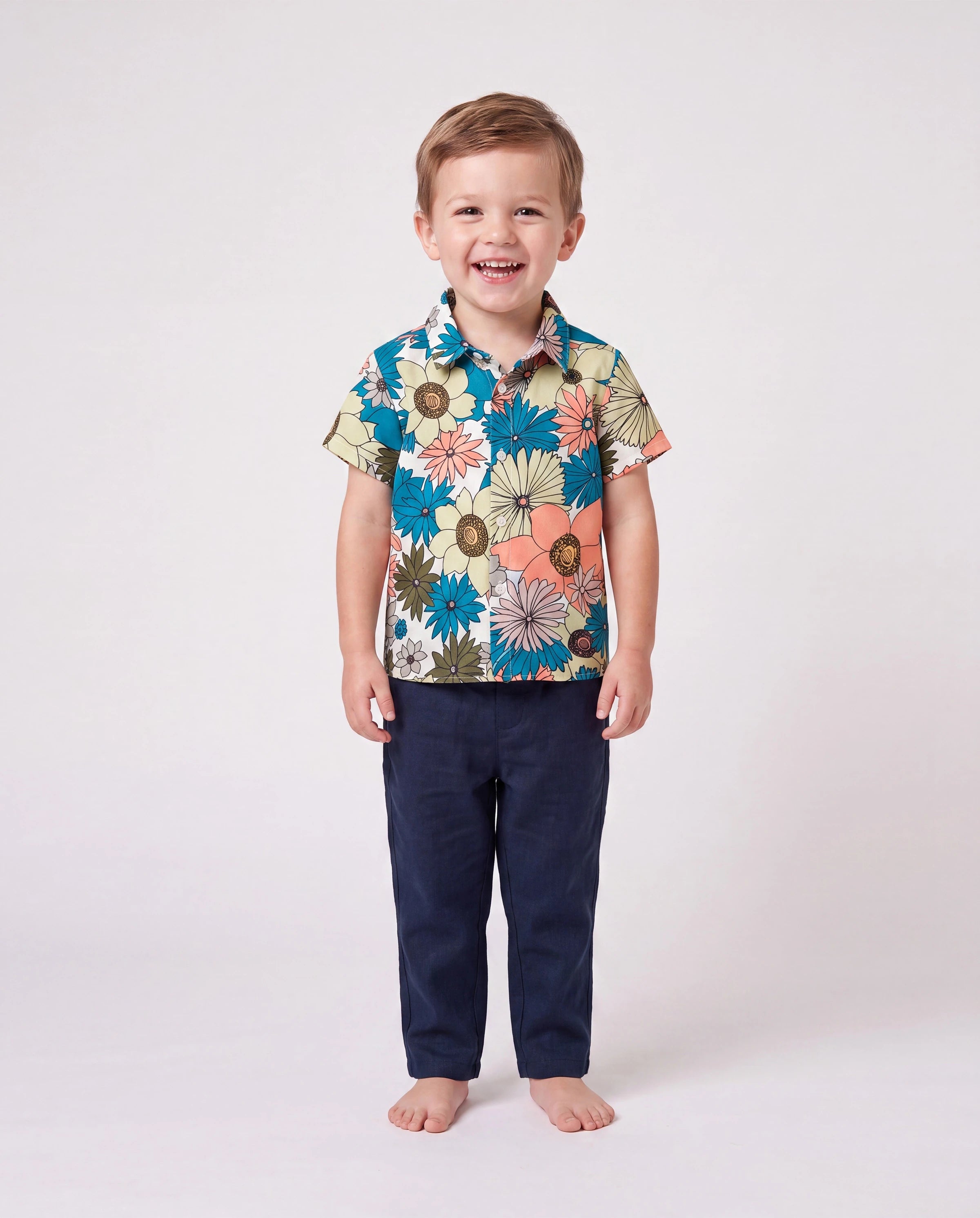 Family Matching Set Sun Flower Print Short-sleeve Collar Shirt or White Camisole Top and Flower Wide-leg Pants Set for Summer Vacation  Multi-color