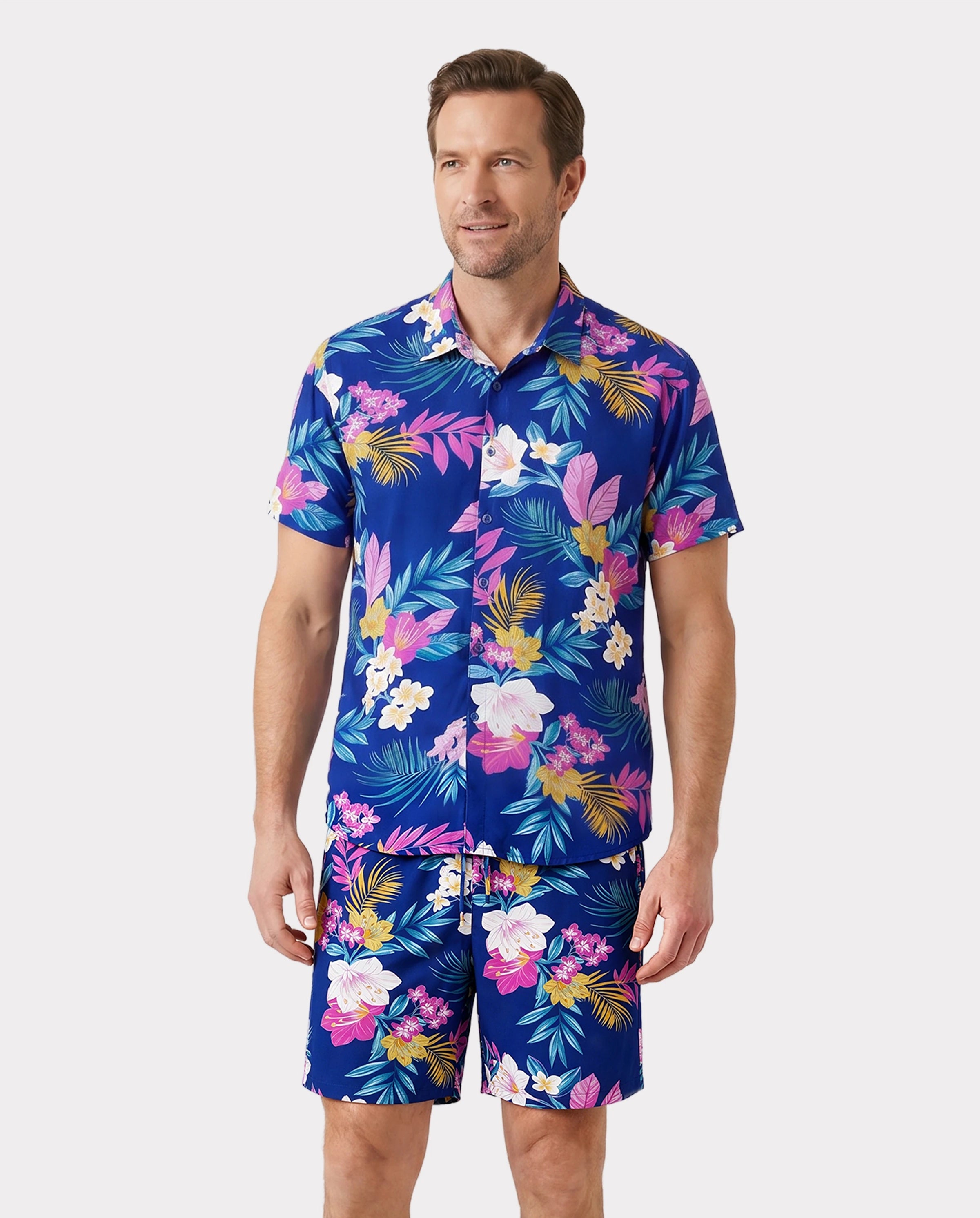 Matching Family Hawaiian Outfits Tropical Floral Print Strap Dress or Short-sleeve Shirts & Shorts Set Summer Beachwear Set for Vacation Deep Blue