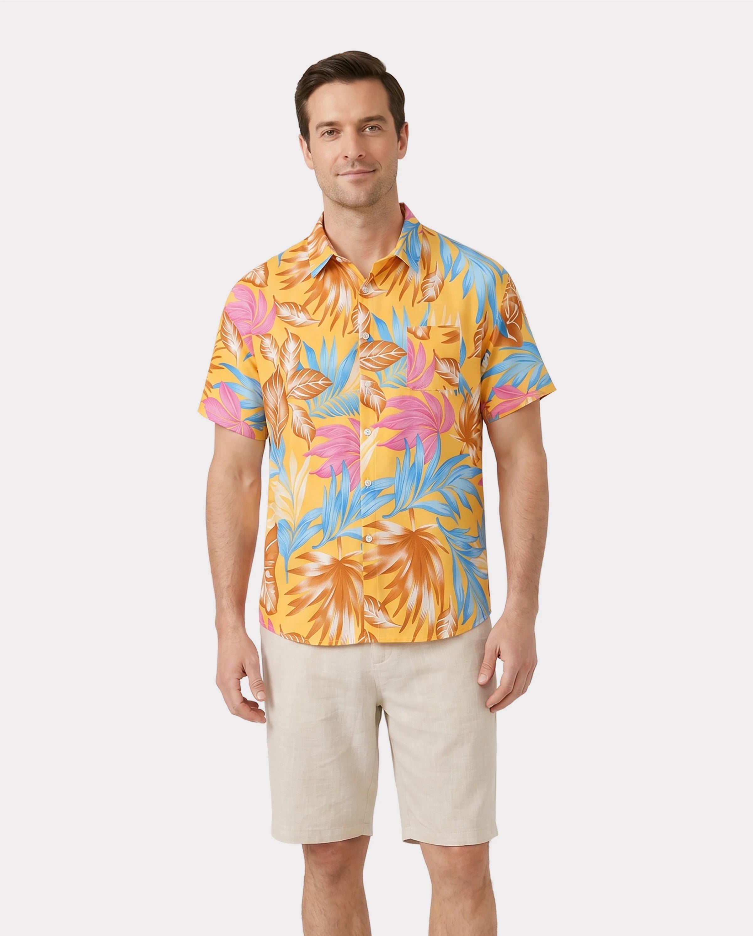 Family Matching Yellow Set Tropical Leaf Print Short-sleeve Shirt or Strap Dress Yellow