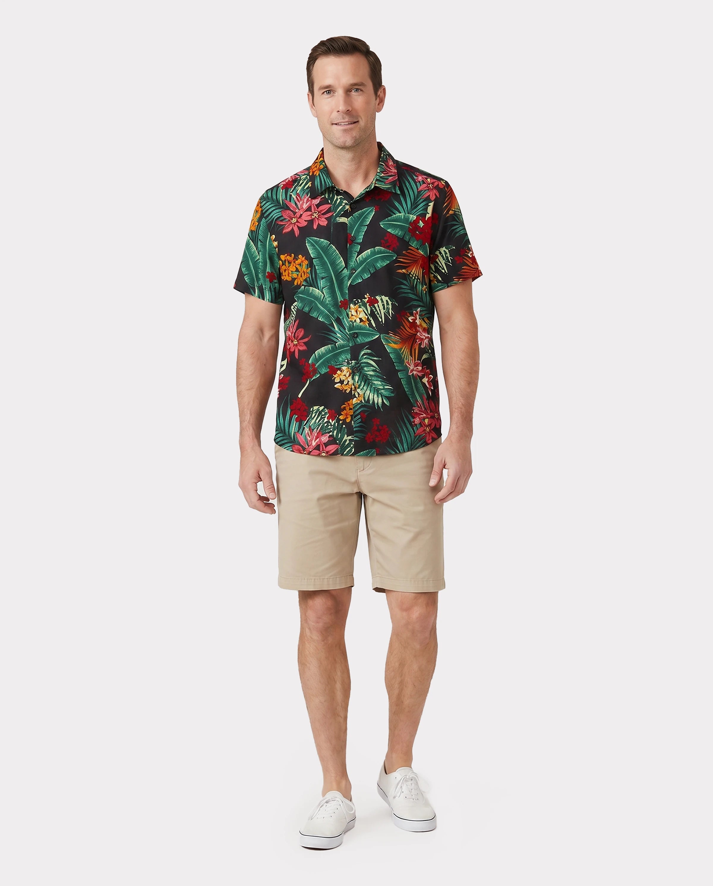 Family Matching Allover Plant Floral Print Halterneck Dresses and Short-sleeve Shirts Sets Black