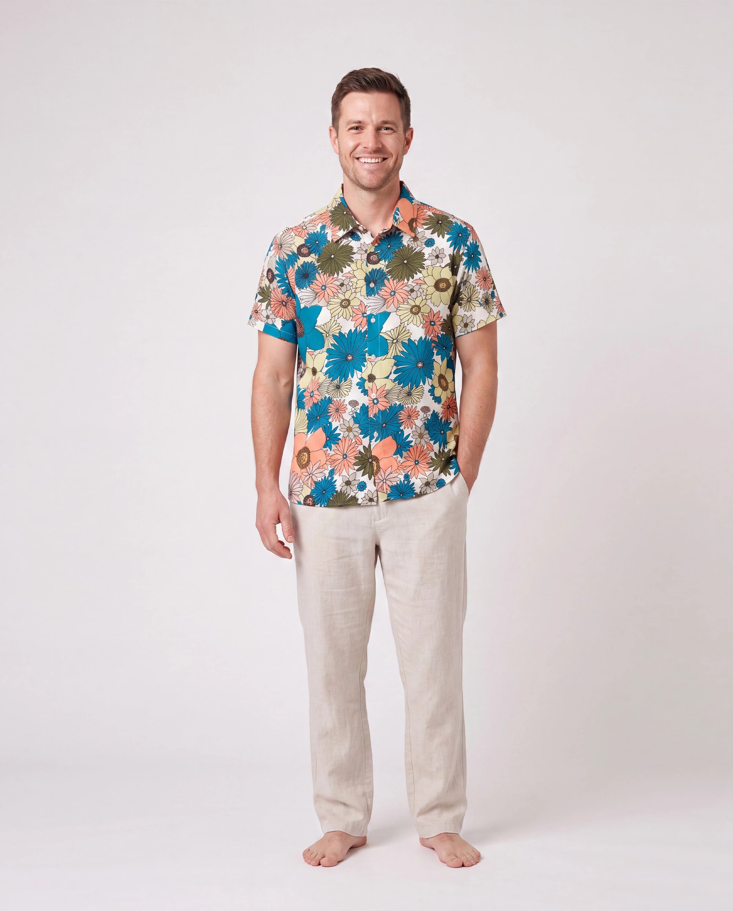 Family Matching Set Sun Flower Print Short-sleeve Collar Shirt or White Camisole Top and Flower Wide-leg Pants Set for Summer Vacation  Multi-color